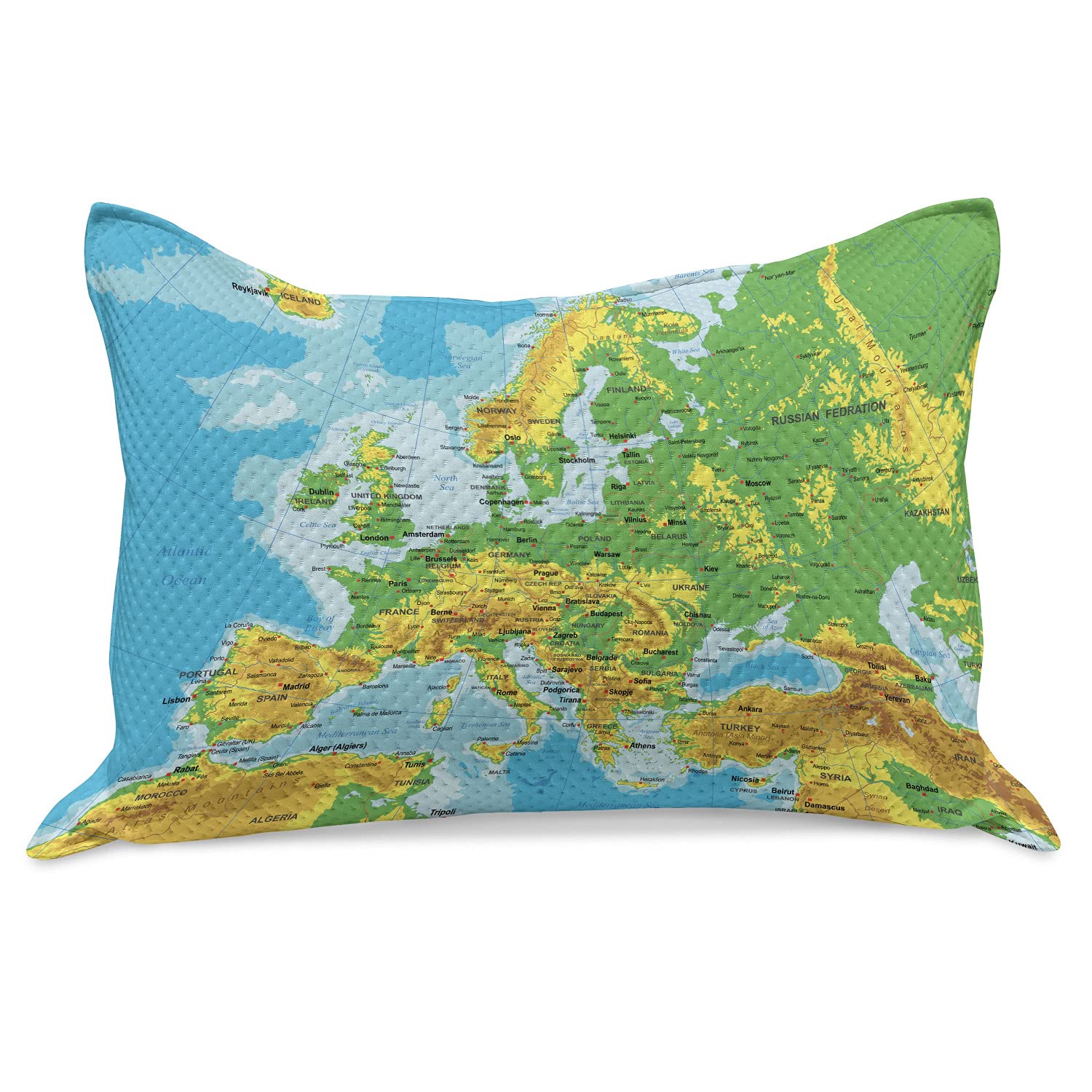 Ambesonne Europe Map Knitted Quilt Pillow Cover - High Detail Map of Europe with Borders, Countries & Cities - Standard King Size 36