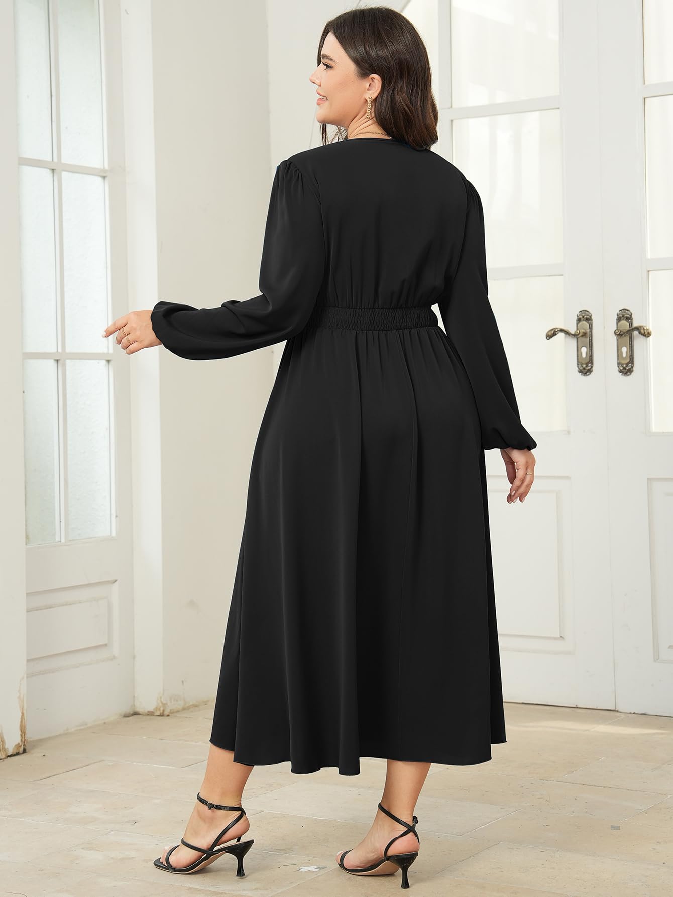 Plus Size Wedding Guest Cocktail Dress for Women - Long Sleeve V-Neck A-Line Maxi Dress with Elastic Waist & Side Slit | Perfect for Formal Events, Parties & Special Occasions