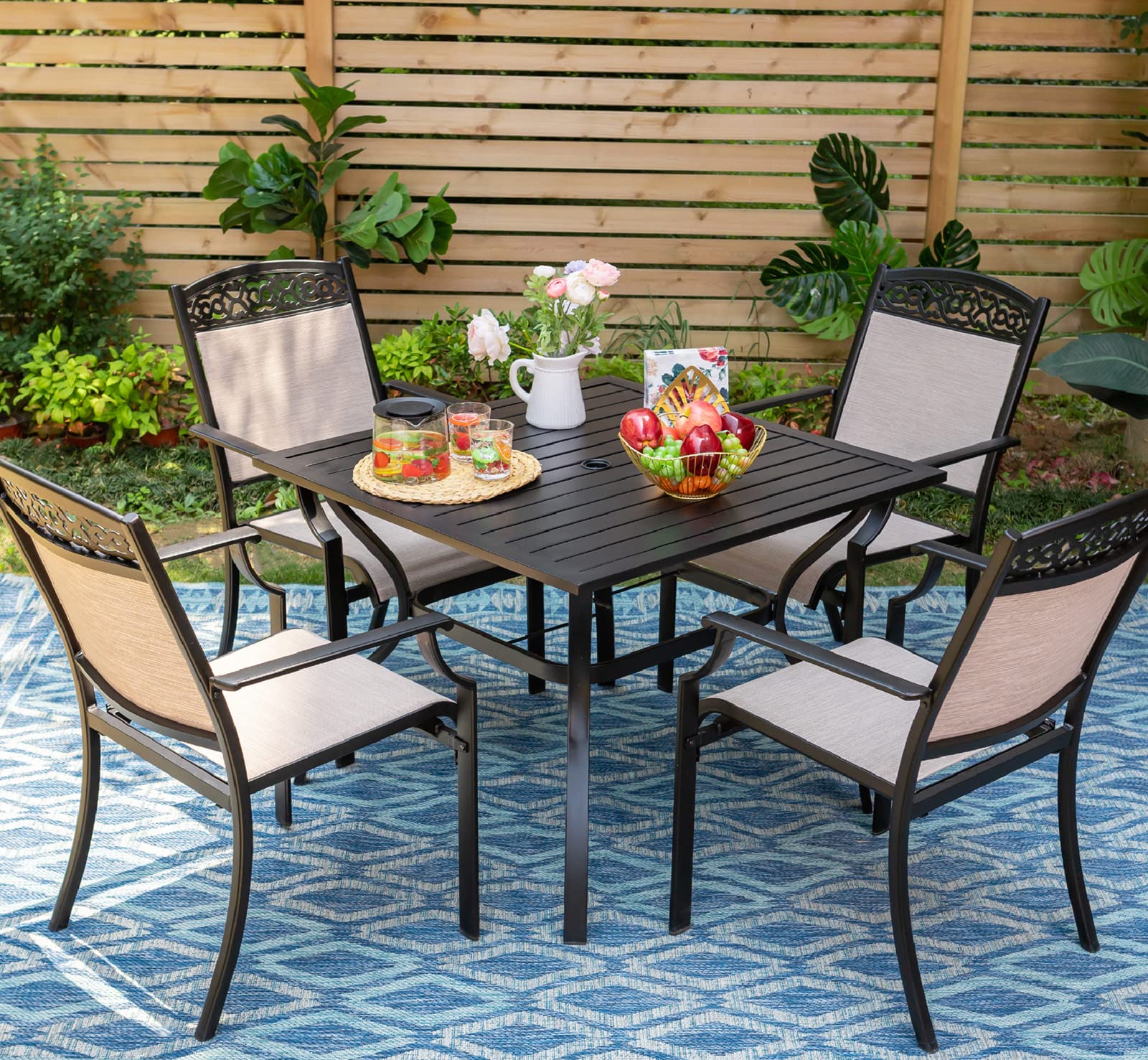MFSTUDIO 5-Piece Outdoor Patio Dining Set - 4 Stackable Textilene Chairs & 1 Square Metal Table with Umbrella Hole - Durable Cast Aluminum Furniture for Backyard, Garden, Poolside or Deck - Perfect for Family Gatherings & Outdoor Entertaining