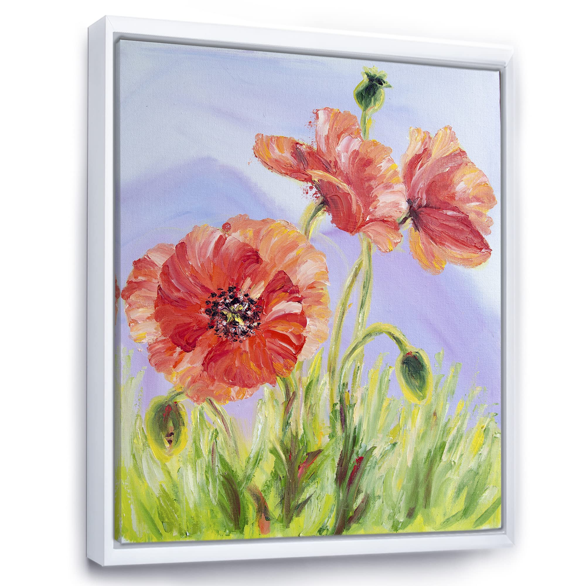 DesignQ Blossoming Poppies In The Morning IV - Traditional Framed Canvas Wall Art Print for Living Room, Bedroom & Office Decor | Floral Painting Home Decoration