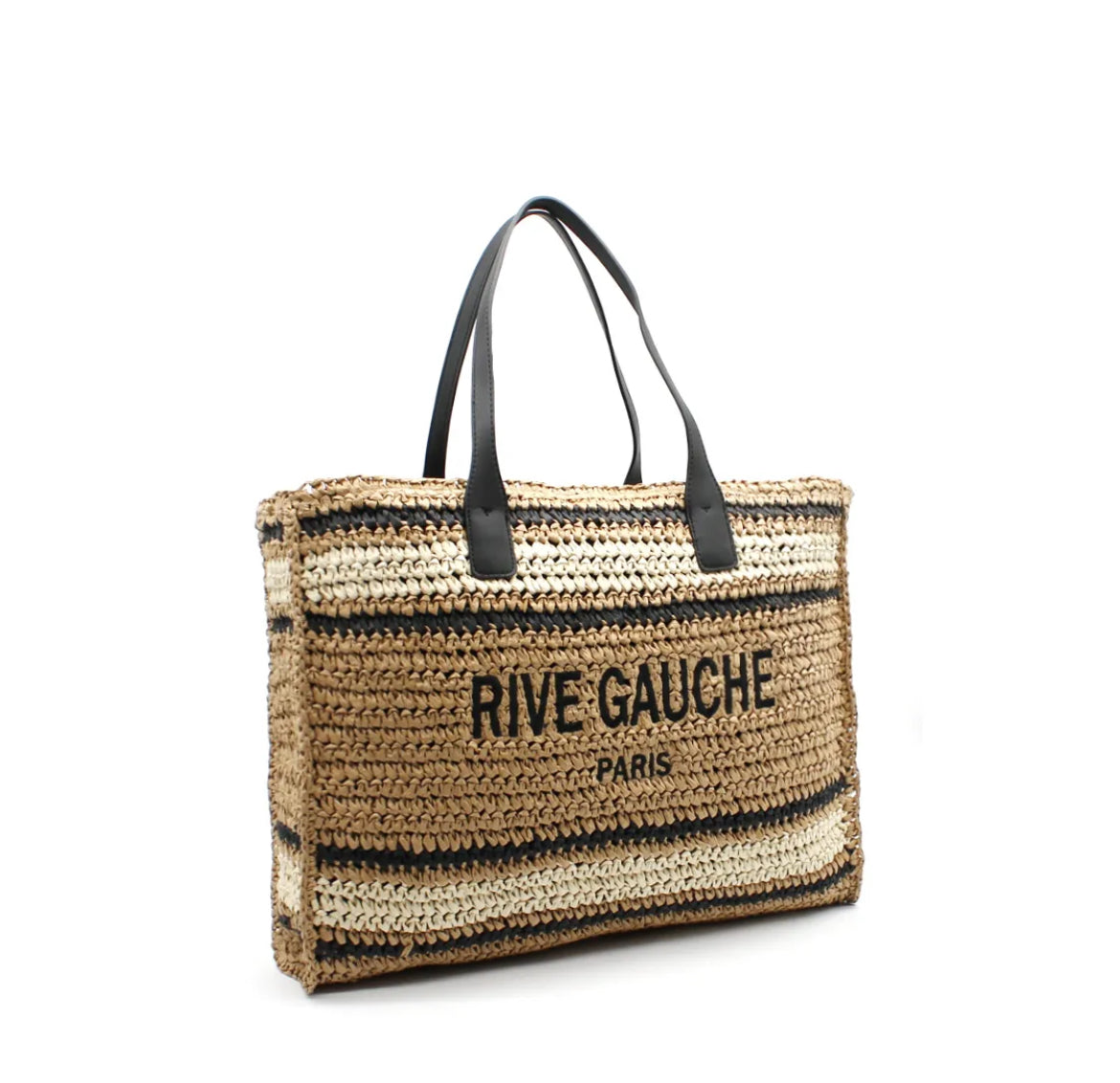 Handmade Raffia Cabas Rive Gauche Paris Tote Bag - Riviera Style Woven Straw Beach Bag for Women, Summer Vacation, Shopping & Travel