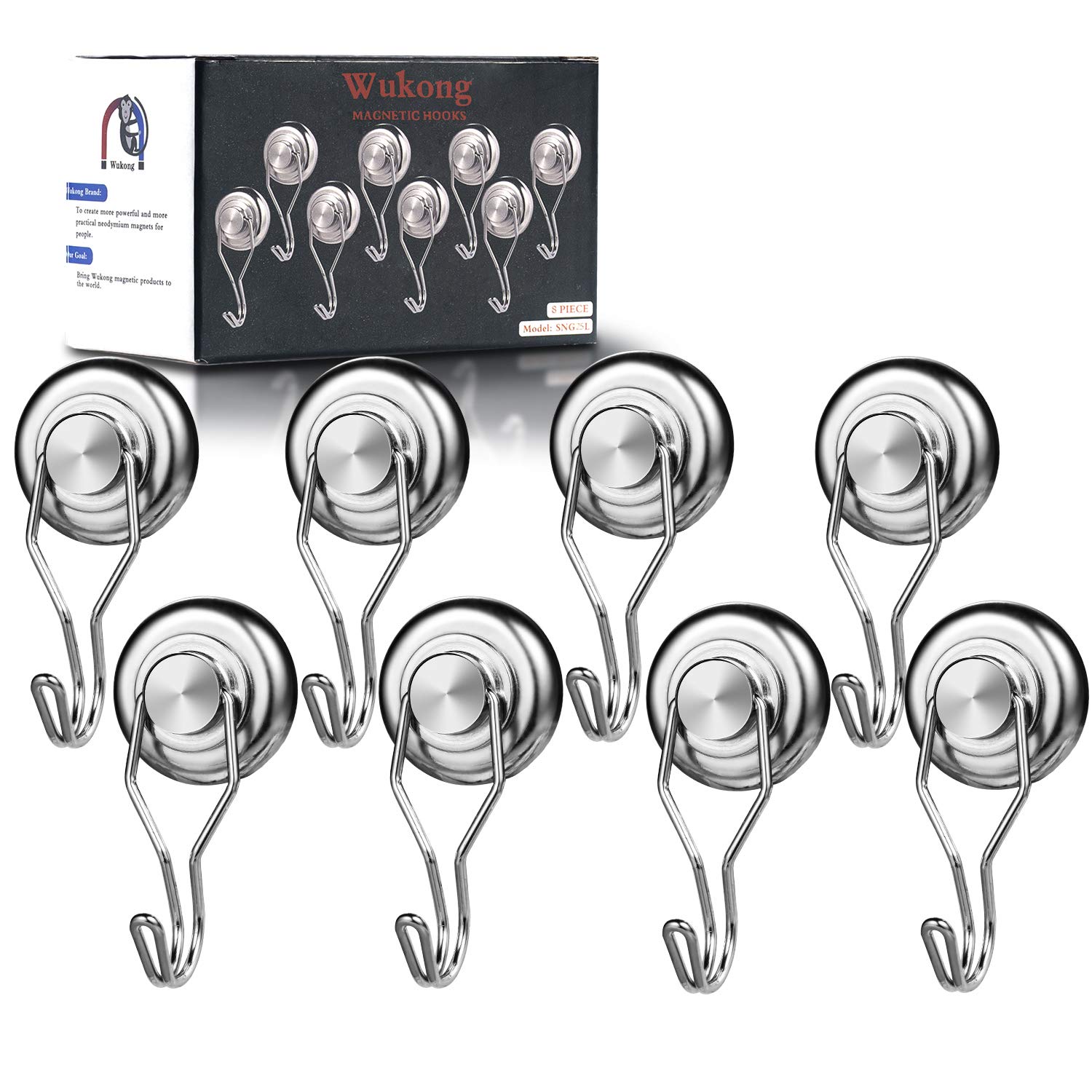 Wukong Magnetic Hook - 48 LB Heavy Duty Swivel Hook Magnet Hangers (8 Pack) - Strong Refrigerator, Kitchen, Office & Warehouse Organizer - Perfect for Hanging Coats, Grill Utensils, Tools & Storage