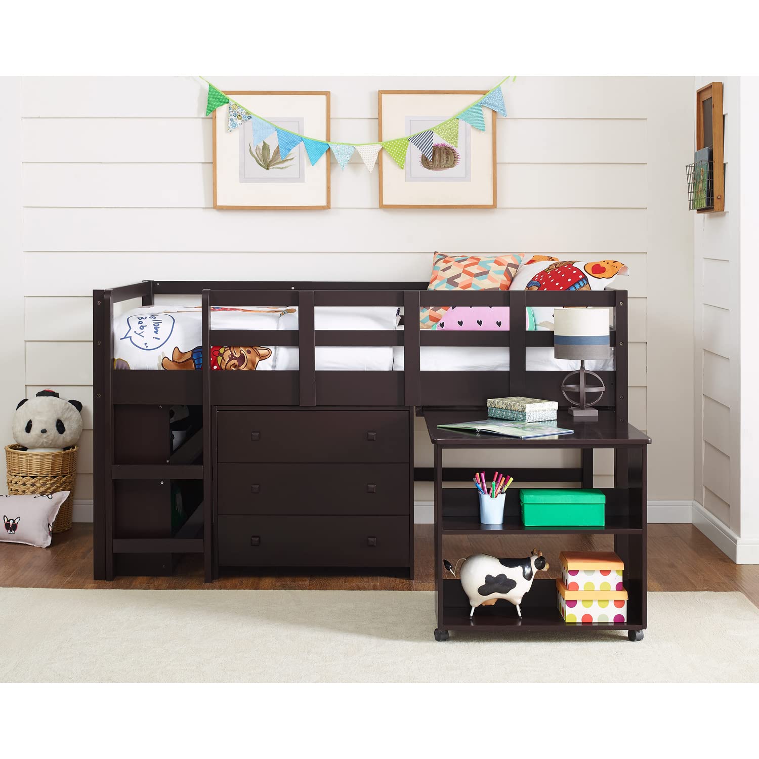 Naomi Home Twin Low Loft Bed with Built-in Study Desk for Kids - Space Saving Wooden Loft Bed with Storage, Espresso Finish - Perfect for Small Bedrooms, Dorm Rooms & Kids Study Areas
