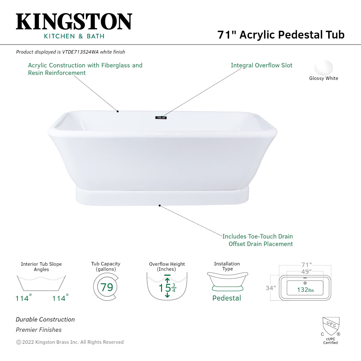 Aqua Eden VTDE713524WA 71 Inch White Acrylic Oval Rectangular Double-Ended Pedestal Bathtub with Drain - No Faucet Drillings - Glossy Finish for Luxury Bathroom & Spa Relaxation
