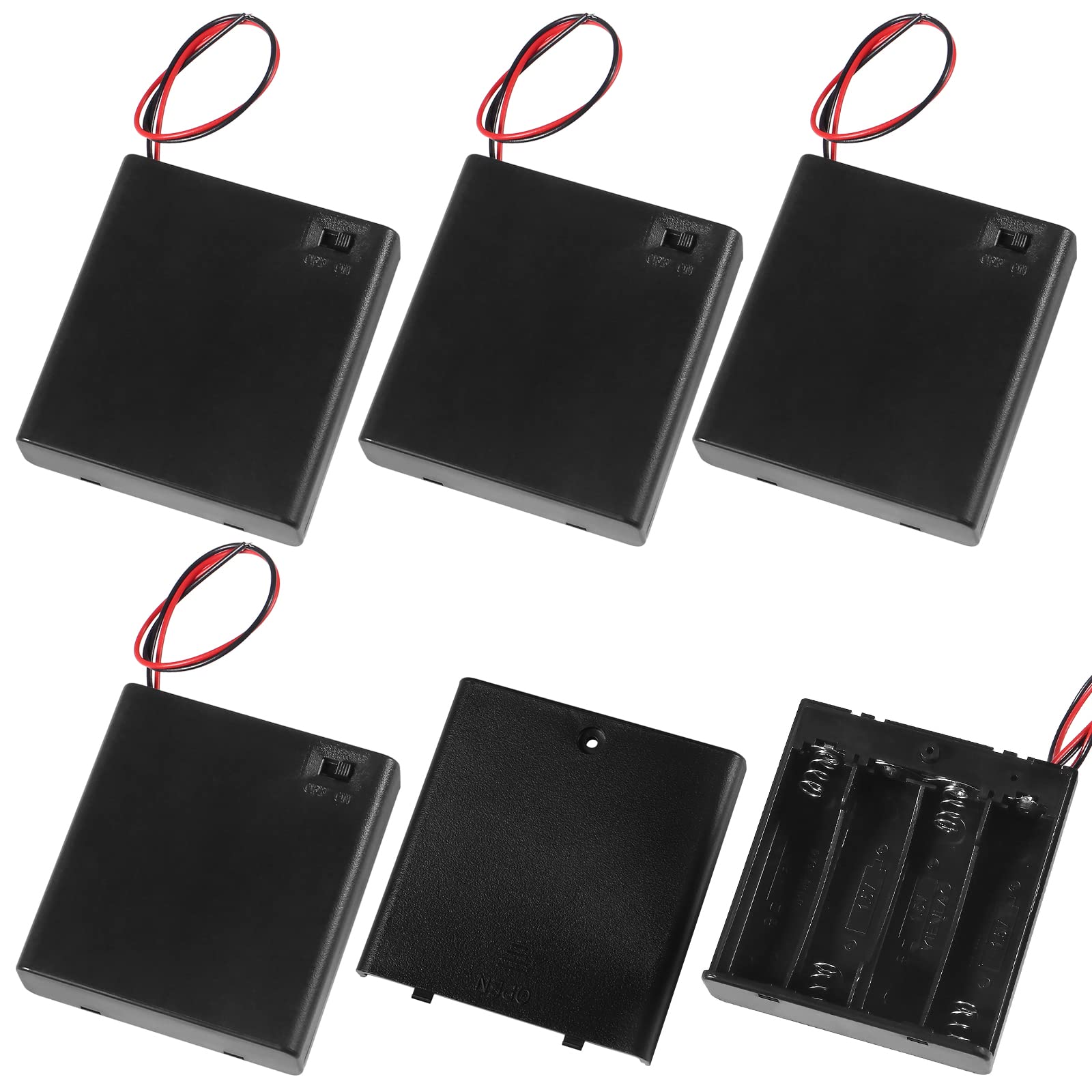 5-Pack 6V AA Battery Holder with Cover & ON/OFF Switch - 4x1.5V Battery Case with Wires for DIY Electronics, Flashlights, Toys, and Science Projects - Durable Plastic Battery Box for Easy Power Supply