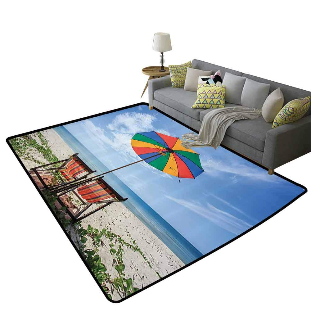 5'x7' Coastal Beach Decor Area Rug - Blue Red Yellow Green Seaside Design for Living Room, Pair of Chairs & Umbrella Print - Foldable 150x210cm - Perfect for Beach House, Vacation Rental & Coastal Theme Decor