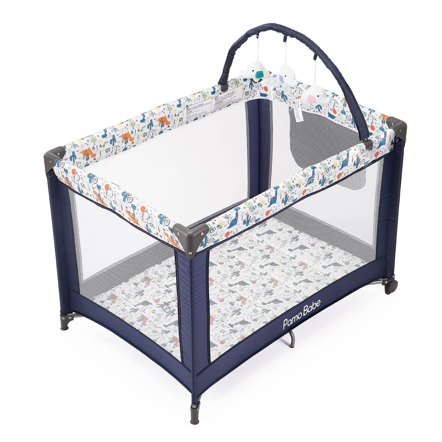 Pamo Babe Portable Baby Playpen - Lightweight Playard with Mattress & Toy Bar, Includes Soft Dinosaur Toys - Perfect for Home, Travel & Daycare Use