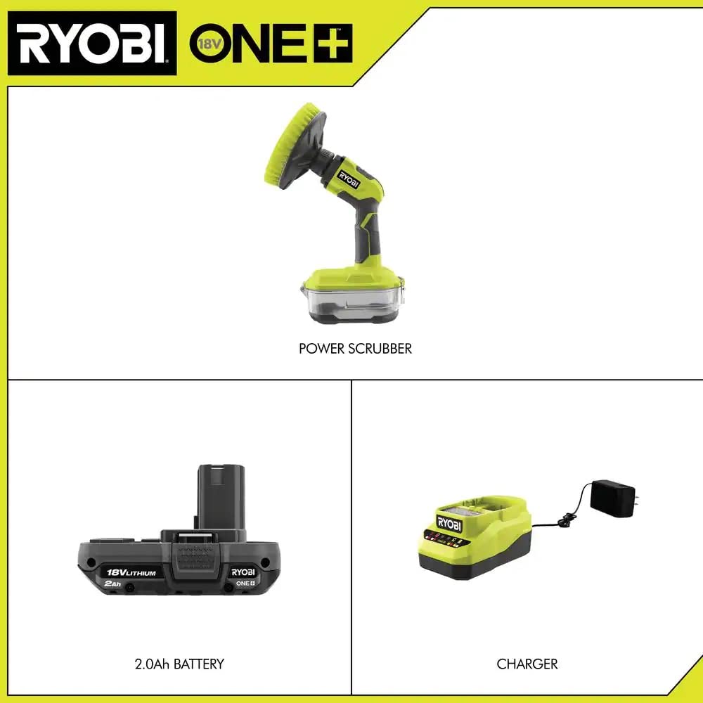 **ONE+ 18V Cordless Compact Power Scrubber Kit with 2.0 Ah Battery & Charger - Ideal for Deep Cleaning Tiles, Grout, Bathtubs, and Outdoor Surfaces**