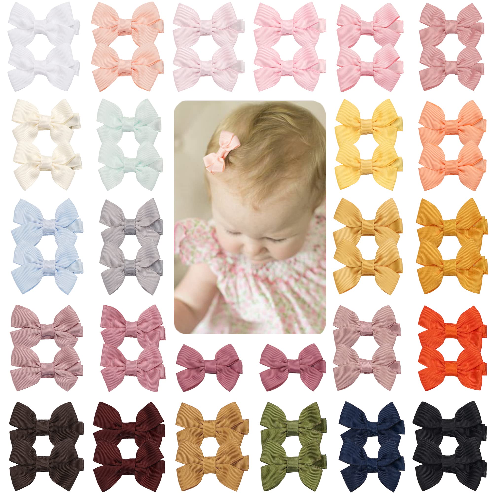 JOYOYO 50 Pcs Baby Hair Clips for Girls - Small 2 Inch Non-Slip Hair Bows with Full Ribbon Lining - Perfect for Toddlers, Infants & Newborns - Great for Parties, Photos & Daily Styling