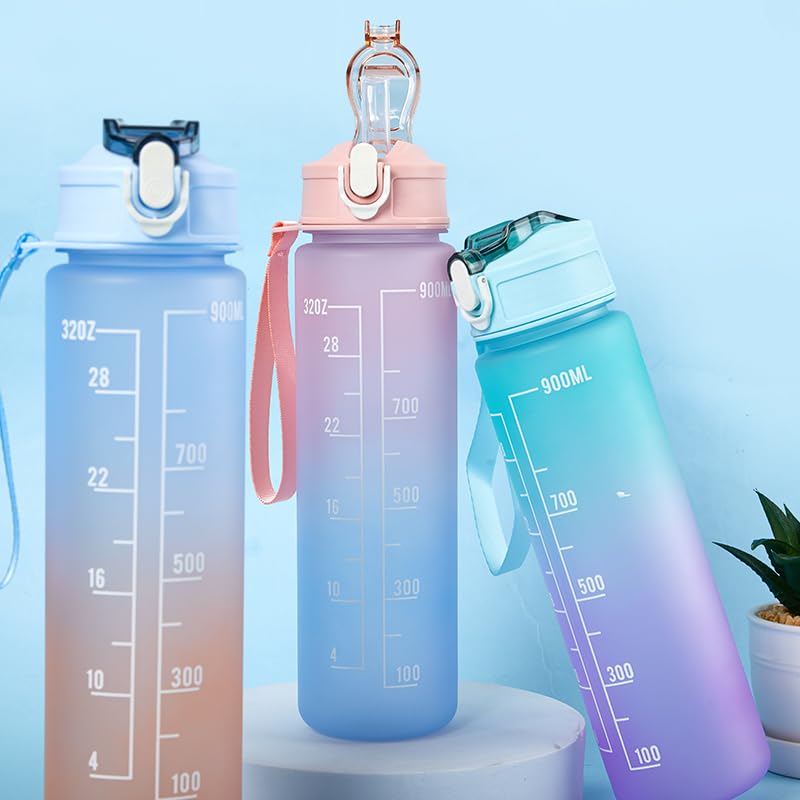 YAMSLAM 900ml BPA-Free Plastic Water Bottle with Straw - Leak Proof Sports Water Bottle for Gym, School, Hiking & Outdoor Activities - Reusable Fitness Drink Bottle for Students & Athletes