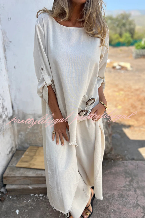 Jamilah Linen Blend Ring Detail Midi Blouse & Elastic Waist Pocketed Loose Pants Set | Women's Casual Outfit for Summer, Office Wear & Vacation Travel