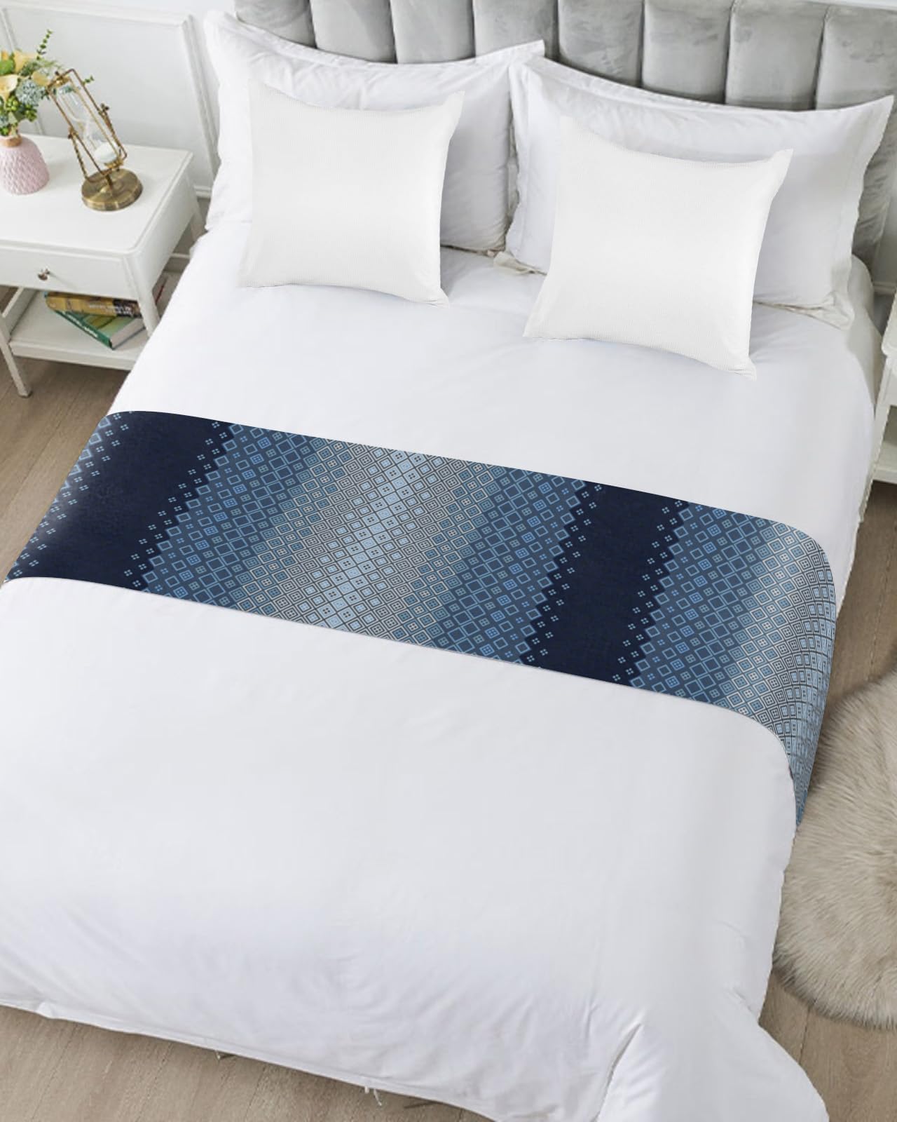 Gradient Blue Bed Runner Scarf - Twin Size Luxury Bed Throw for Twin/Full/Queen/King Beds - Diamond Lattice Modern Abstract Design (71