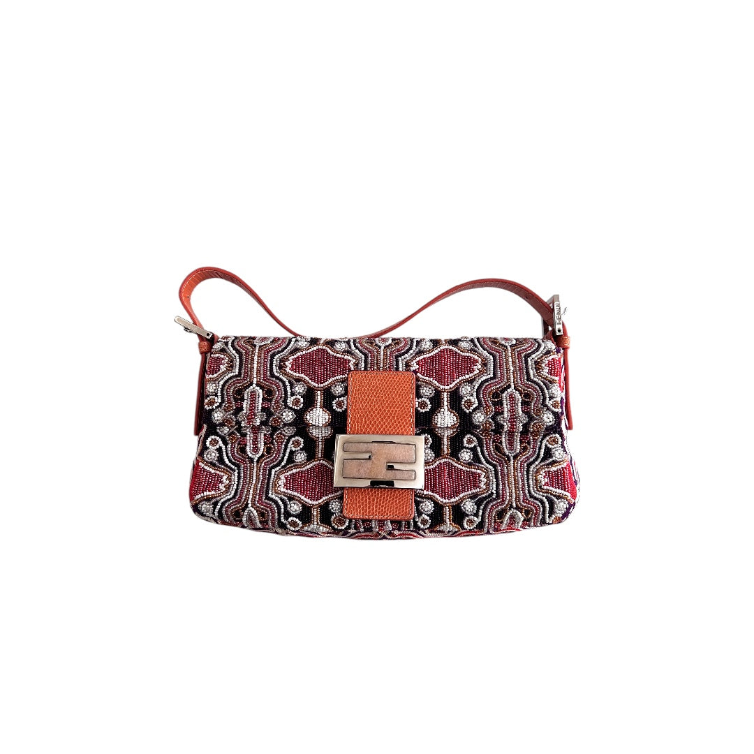 Fendi Orange Beaded Embroidered Baguette Bag - Luxury Designer Crossbody Purse for Women, Evening Parties & Special Occasions