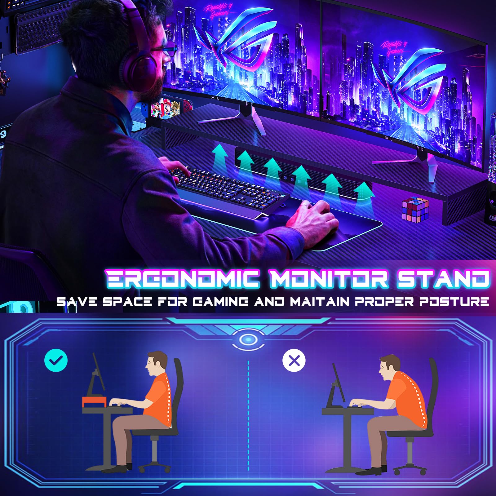 Homieasy 51 Inch L-Shaped Gaming Desk with Power Outlets, LED Light & Pegboard - Carbon Fiber Black Computer Desk with Monitor Stand, Storage Shelves & Headset Hooks - Perfect for Small Spaces, Home Office & Gaming Setup