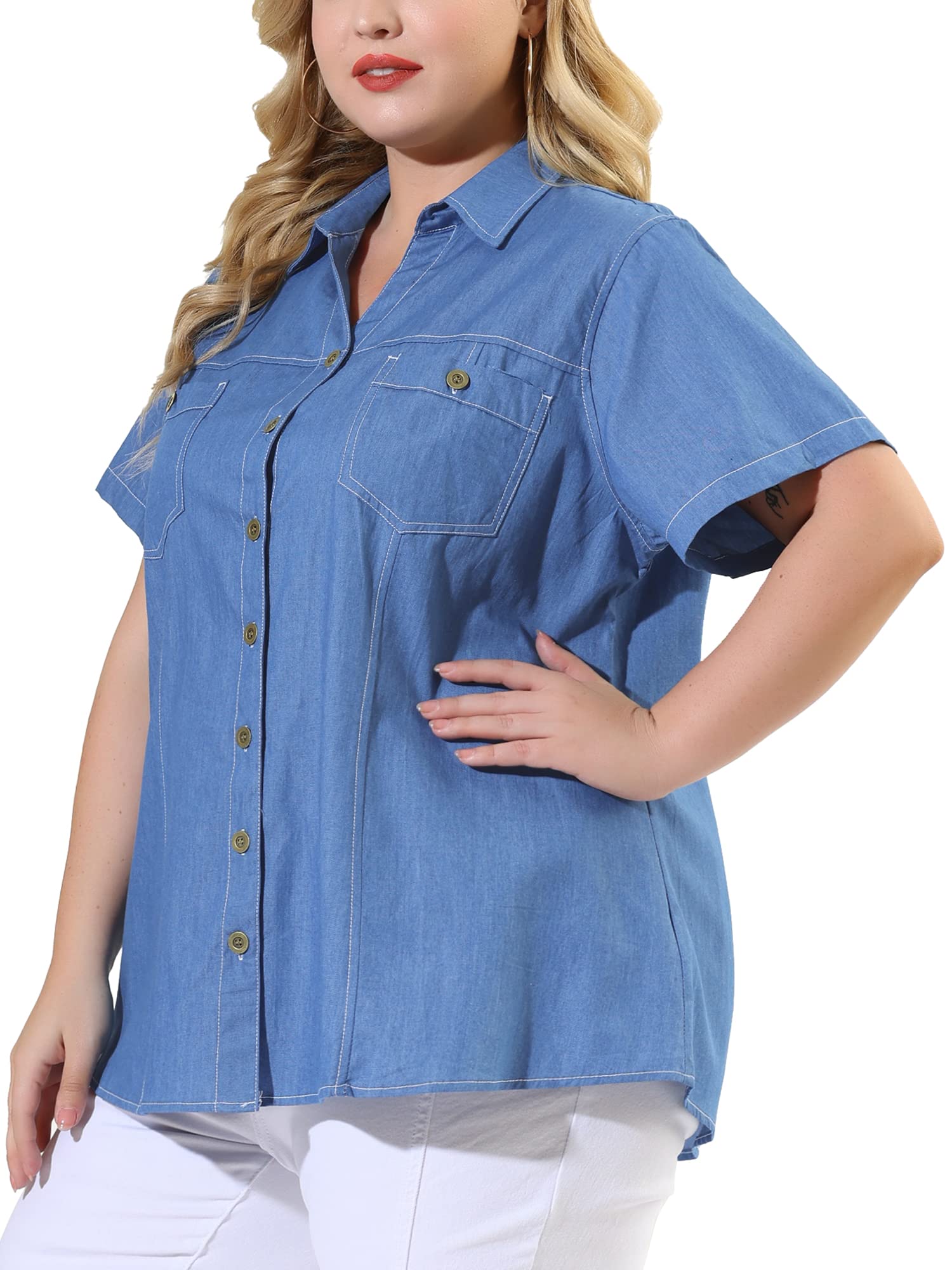 Agnes Orinda Women's Plus Size Denim Shirt - Short Sleeve Chambray Button Down Top for Casual Wear | Perfect for Office, Weekend Outings & Summer Fashion
