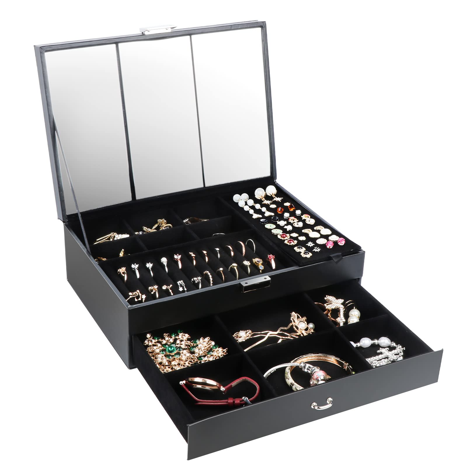 Premium Double Layer PU Leather Jewelry Organizer Box with Mirror & Drawer - Elegant Travel Jewelry Case for Women & Girls - Perfect for Earrings, Necklaces, Rings & Bracelets (Black) - Ideal for Travel, Home Storage & Gift Giving