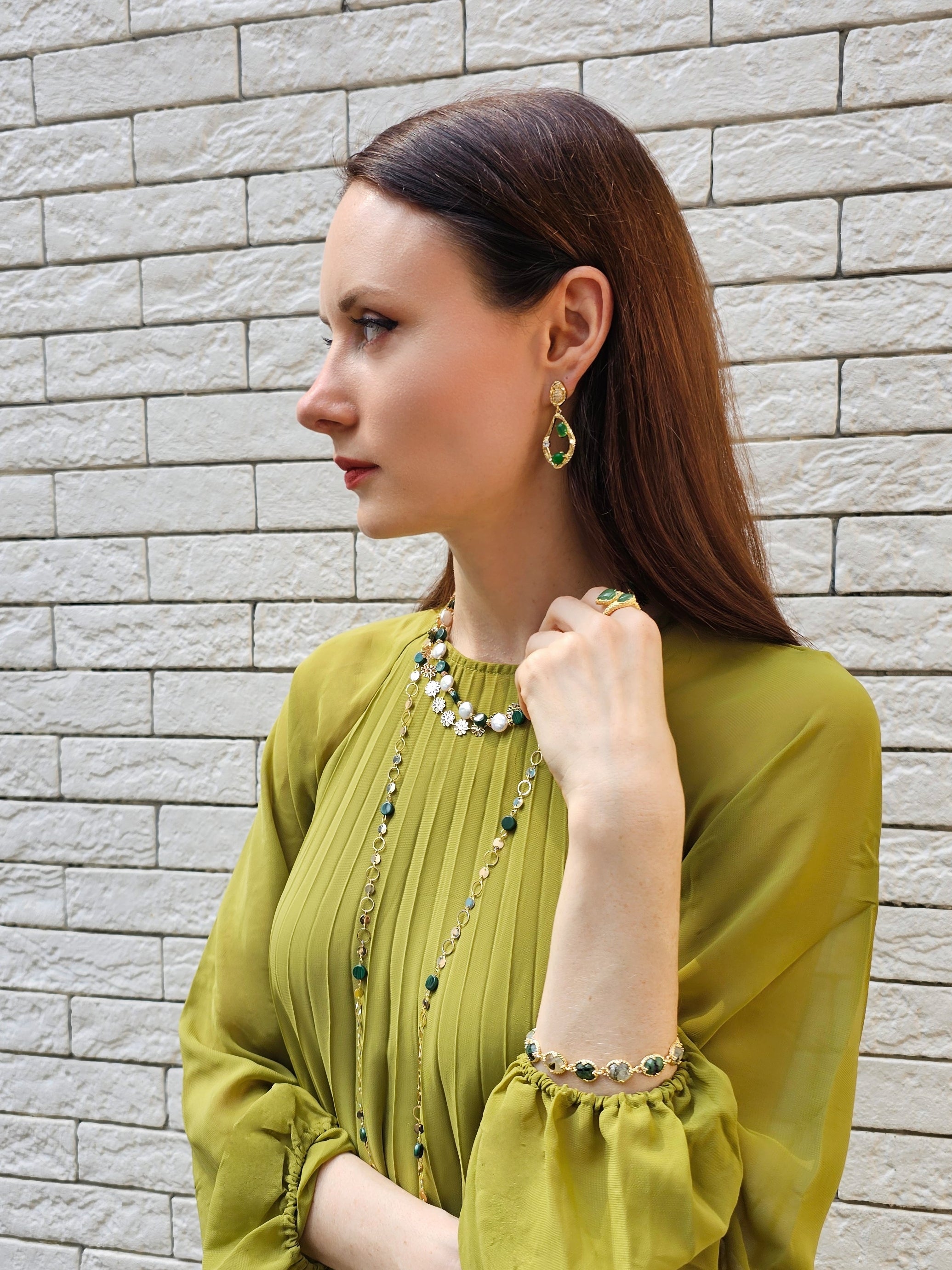 Green Agate Statement Dangle Earrings for Women - Elegant Bohemian Jewelry for Party, Wedding & Everyday Wear (PE045)