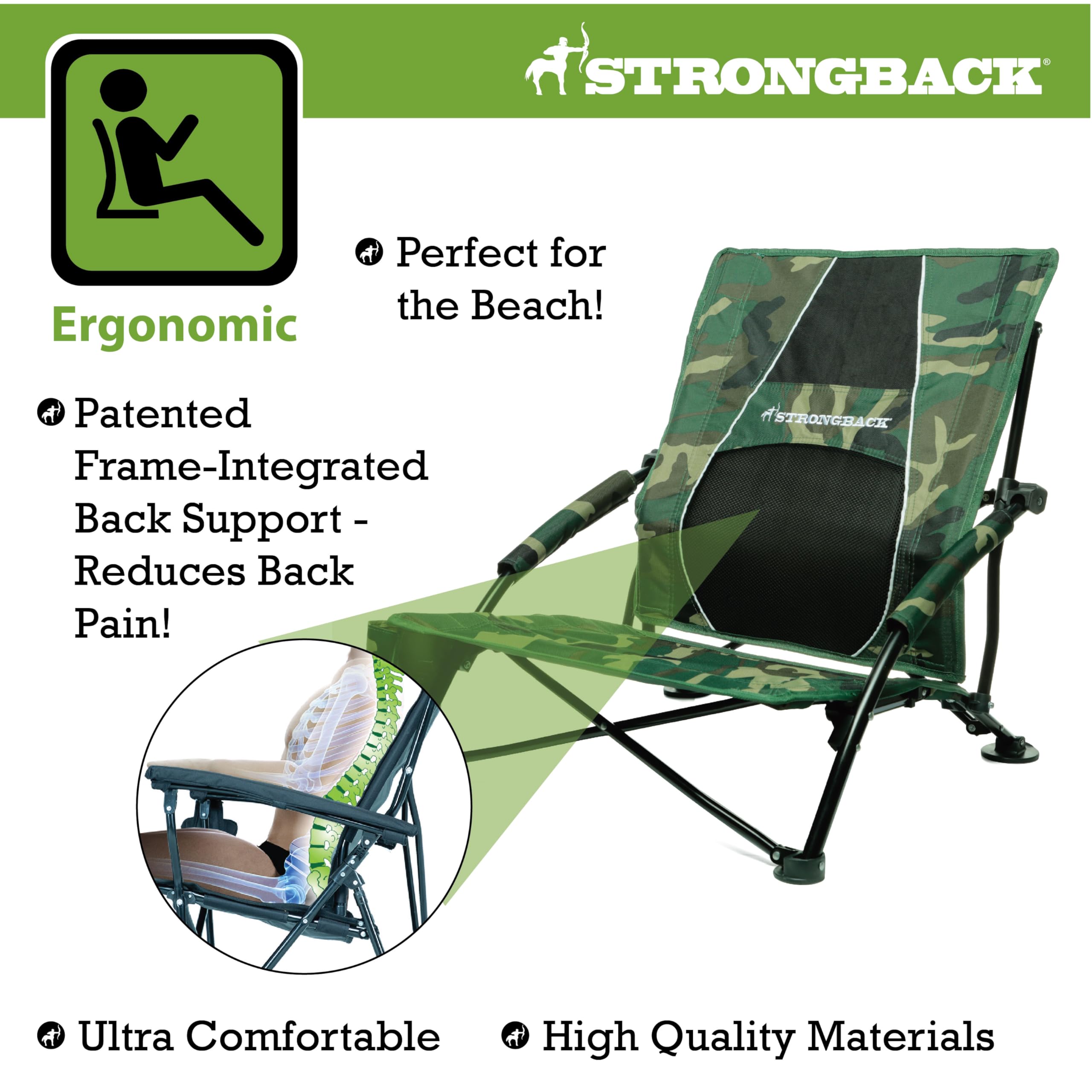 STRONGBACK Low Gravity Beach Chair with Built-in Lumbar Support - Heavy Duty Portable Folding Chair for Adults - Camouflage Design - Perfect for Beach, Camping, Backyard & Outdoor Relaxation
