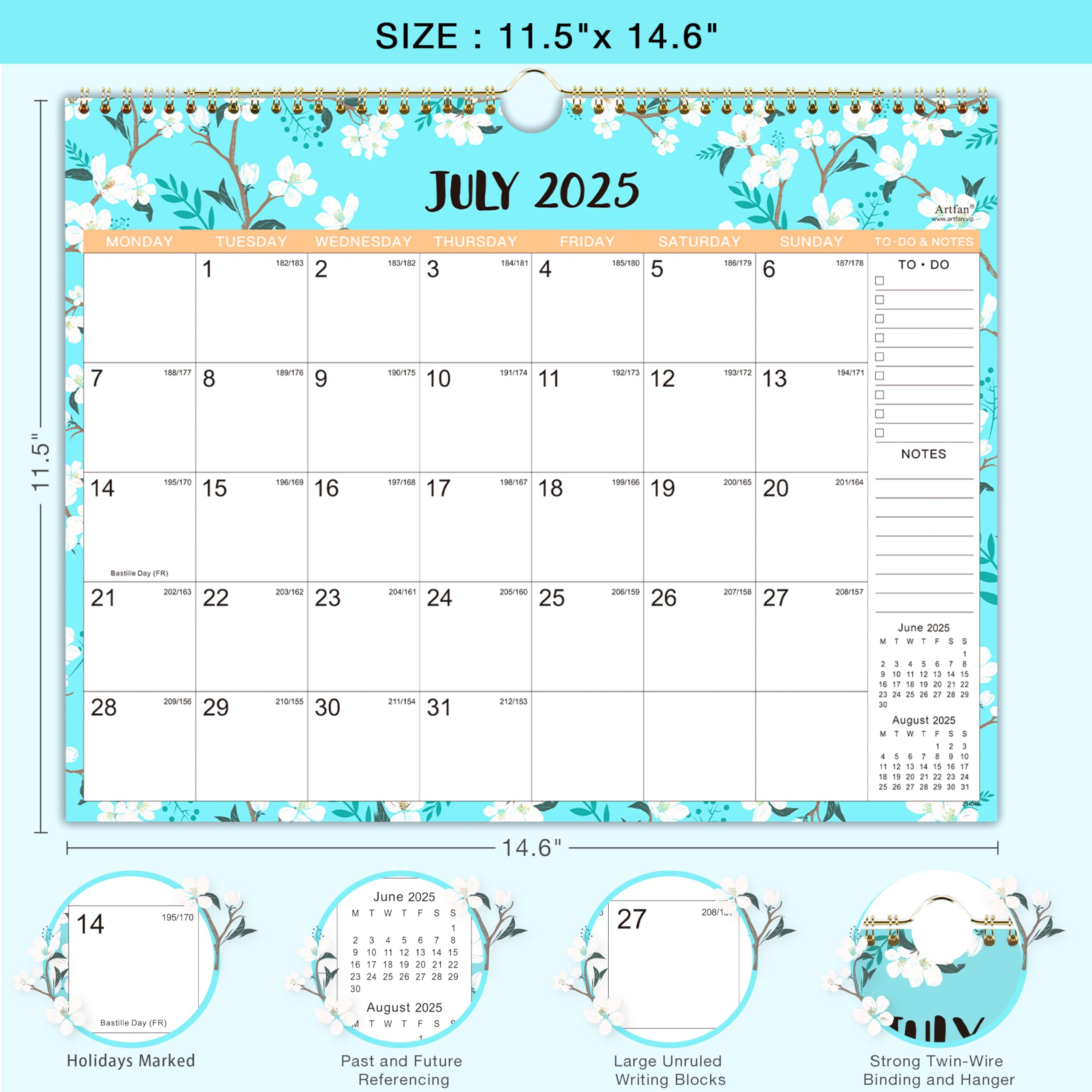 2025-2026 Wall Calendar with Thick Paper - 37 x 29 cm Large Format, July 2025 to December 2026, Twin-Wire Binding with Hanging Hook, Colorful Ruled Blocks - Perfect for Home, Office, School & Gift Giving