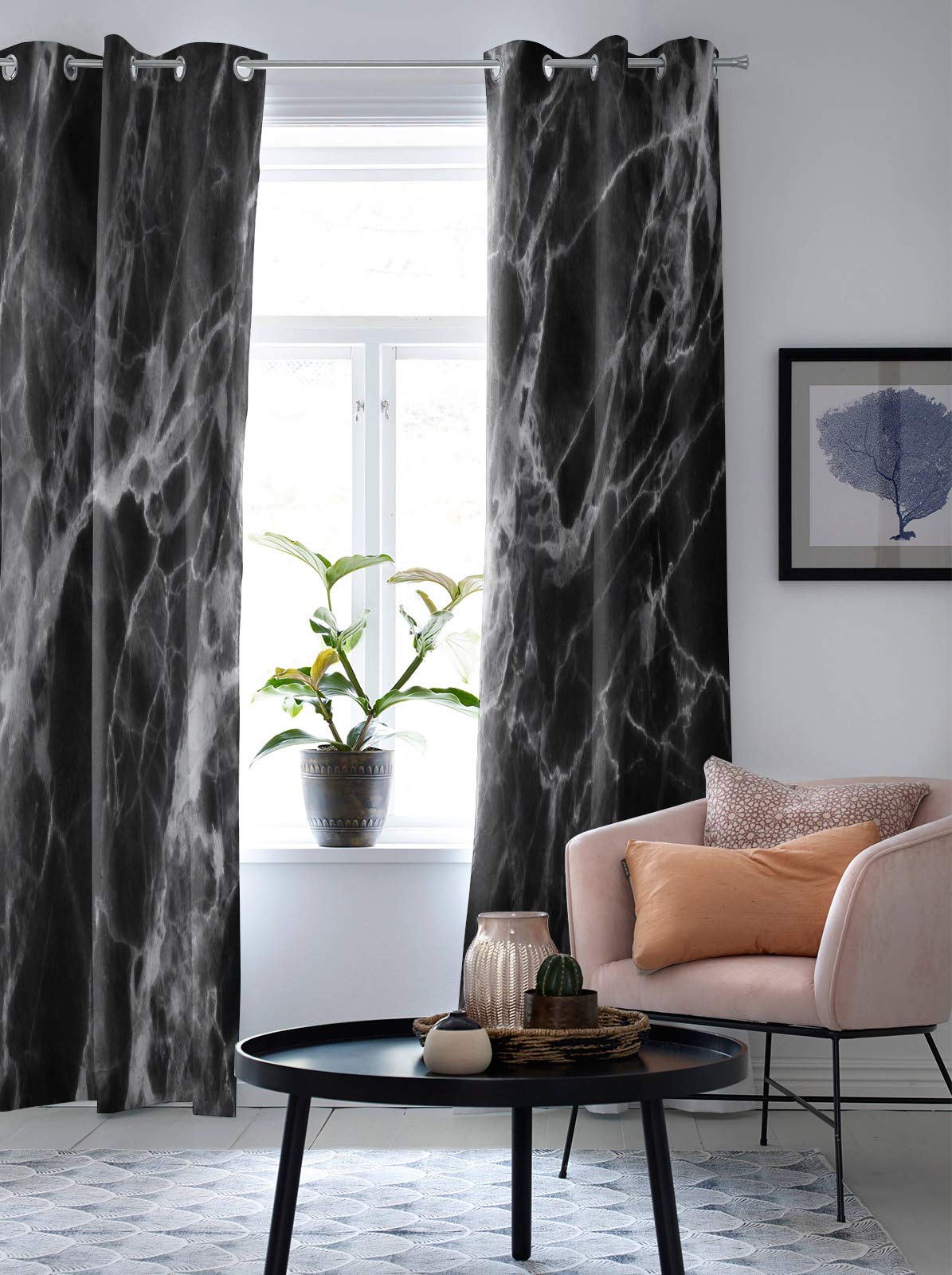 Blackout Curtains for Living Room - Thermal Insulated Room Darkening Window Drapes with Grommet Top, 2 Panels (40x63 Inches), Black Marble Design - Perfect for Bedroom, Nursery & Home Theater Light Blocking