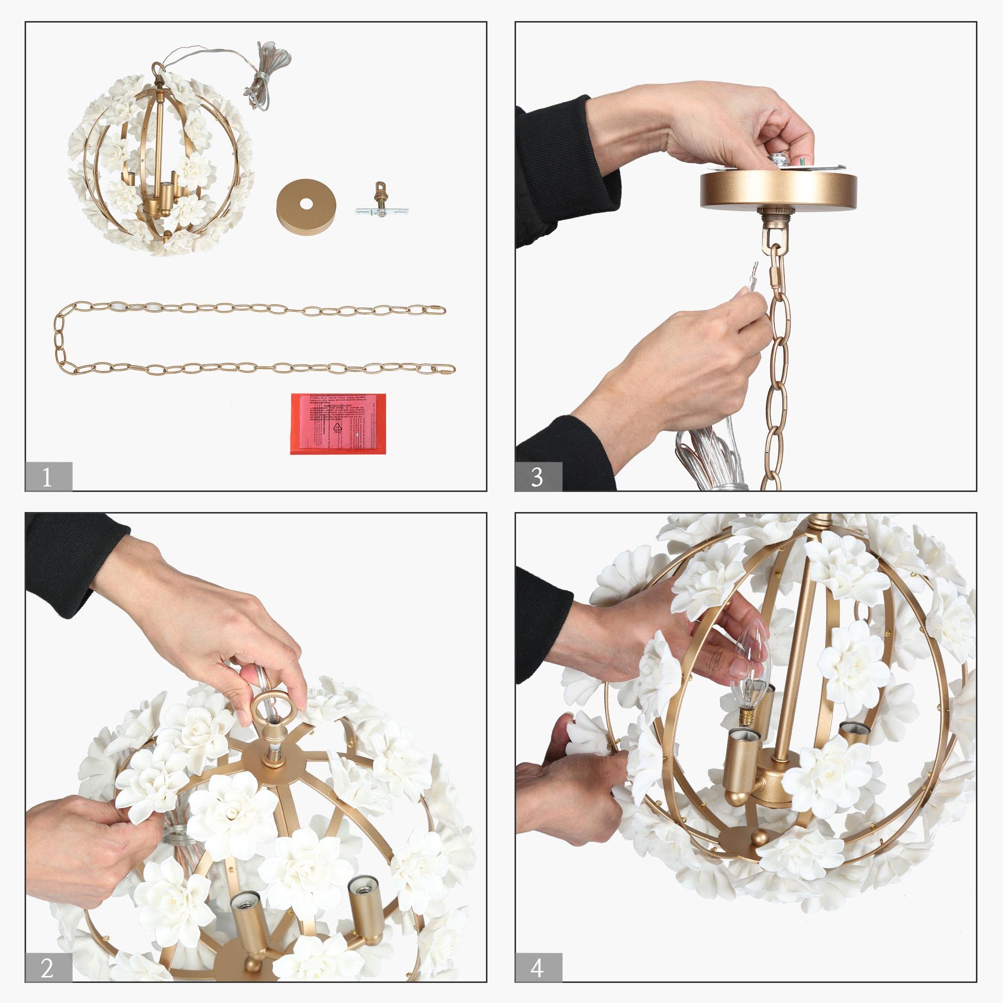 Elegant Gold Chandeliers - 3-Light Orb Ceramic Flower Pendant Lighting Fixture for Dining Room, Living Room, Kitchen | Modern Hanging Light for Home Decor, Wedding, Restaurant & Cafe Ambiance