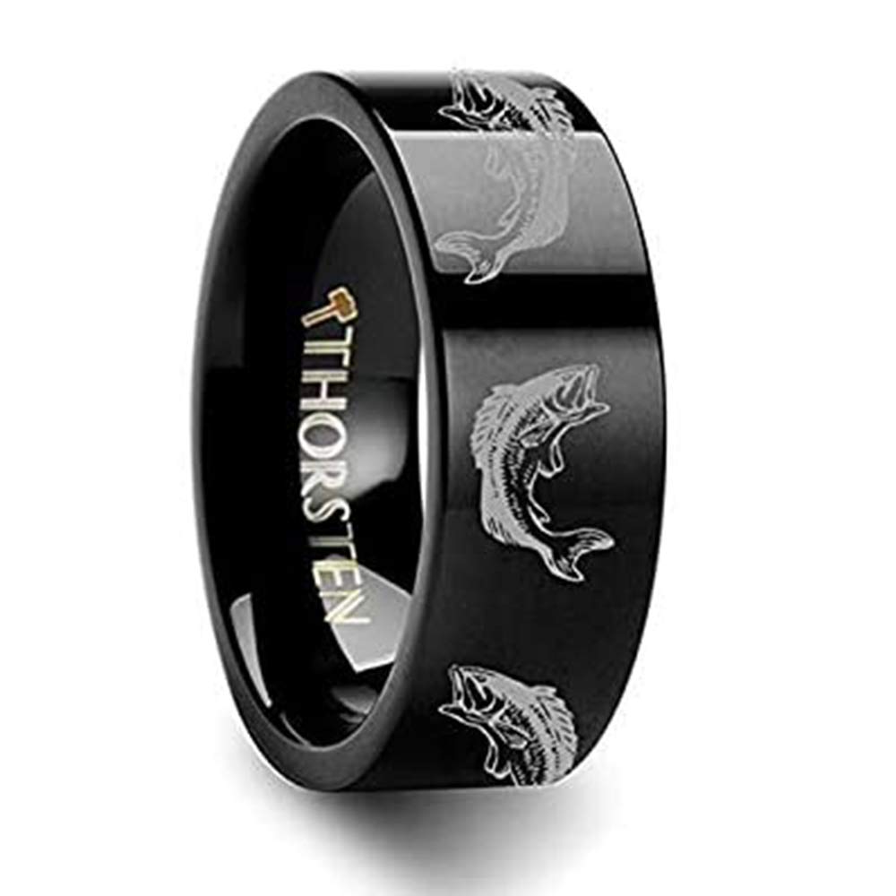 Thorsten Jewelry Black Tungsten Ring - 8mm Bass Fish Jumping Sea Engraved Design for Men, Durable & Hypoallergenic Wedding Band - Perfect for Fishing Enthusiasts & Outdoor Adventures