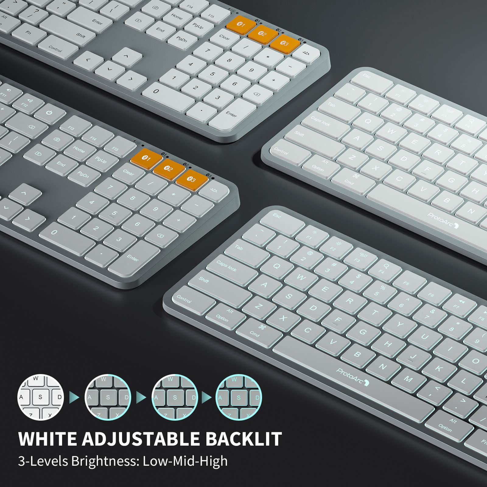 ProtoArc K100-A Ultra Slim Wireless Bluetooth Keyboard with Backlit & Numeric Keypad - Rechargeable 3-Device Keyboard for Mac Mini, MacBook Pro/Air, iMac & iPad - Perfect for Home Office, Gaming & Productivity