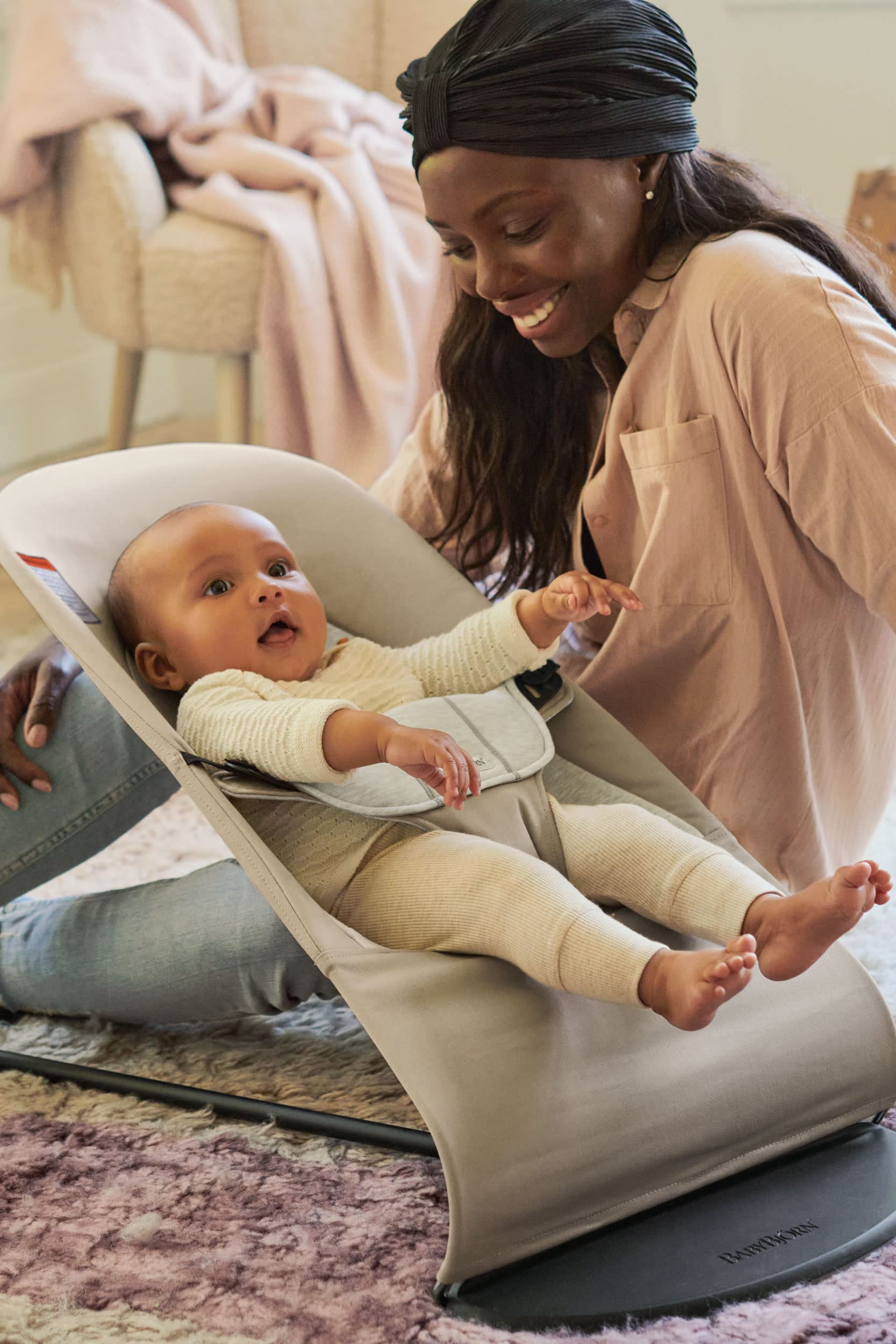 BabyBjörn Bouncer Balance Soft - Adjustable 2-in-1 Baby Bouncer & Toddler Chair (8-29 lbs) | 4-Position Reclining | Lightweight Portable Infant Seat | Cotton/Jersey Fabric in Beige/Gray | Perfect for Nursery, Living Room & Travel