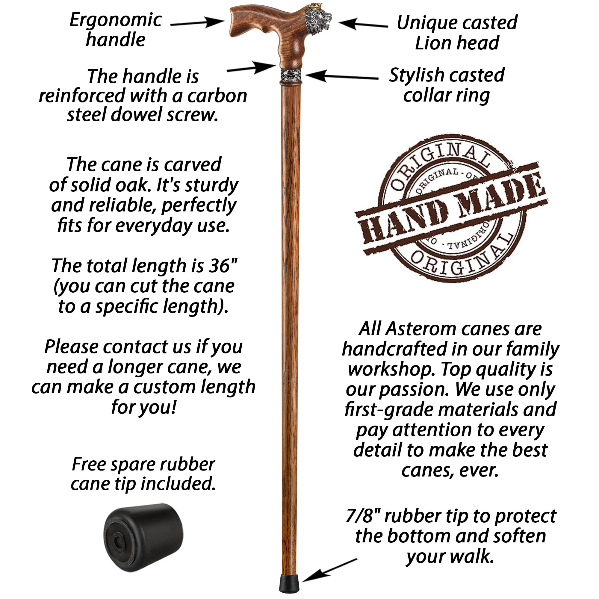 **Handmade Lion Head Walking Cane - Stylish Wooden Walking Stick for Men & Women, Seniors - Perfect for Hiking, Travel & Daily Support**