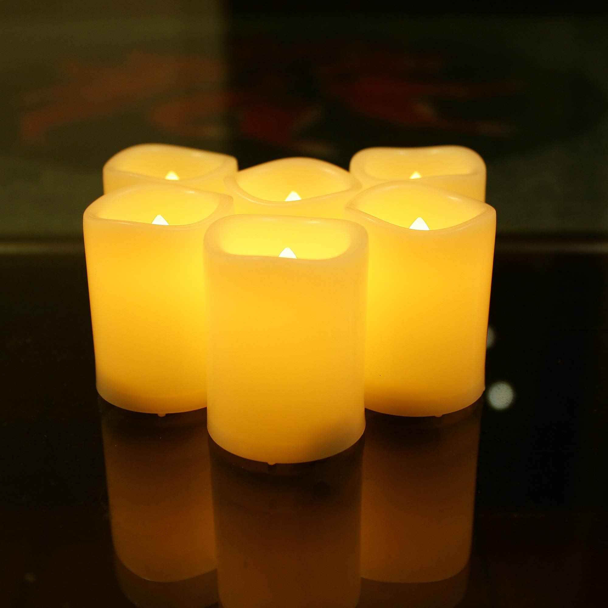 Flameless LED Battery Operated Votive Candles with Timer - 6 Pack Flickering Plastic Votive Lights for Home Decor, Wedding, Christmas, Halloween - Perfect for Centerpieces, Pumpkin Displays & Outdoor Garden Lighting (Batteries Included)