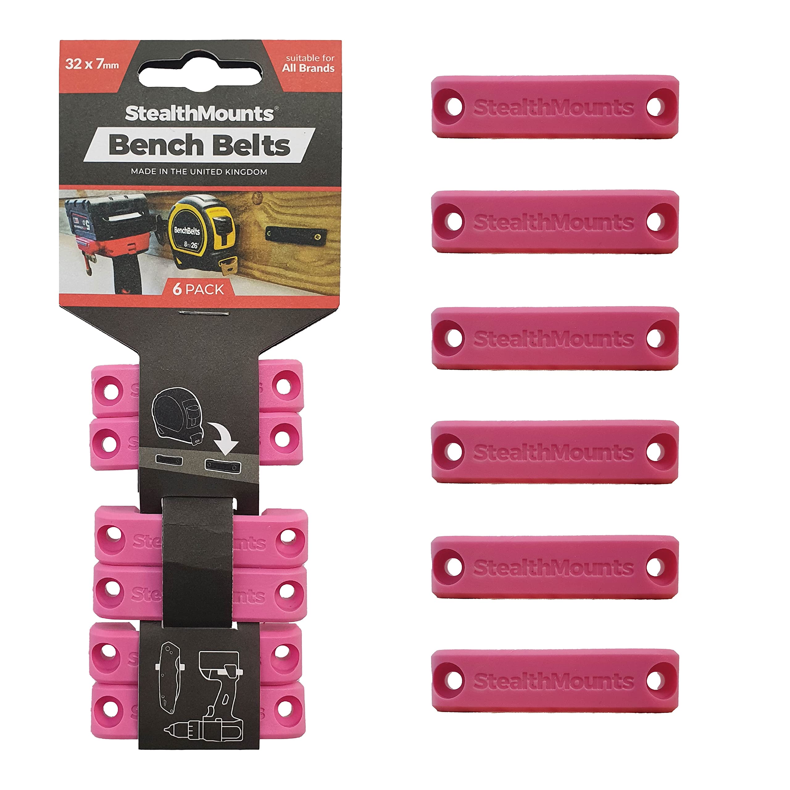 StealthMounts Universal Bench Belt Tool Holder - 6 Pack Tool Holster Set with Belt Clips | Heavy Duty Storage Dock for Power Tools, Tape Measures & Accessories | Perfect for Workshop, Construction & DIY Projects (Pink)