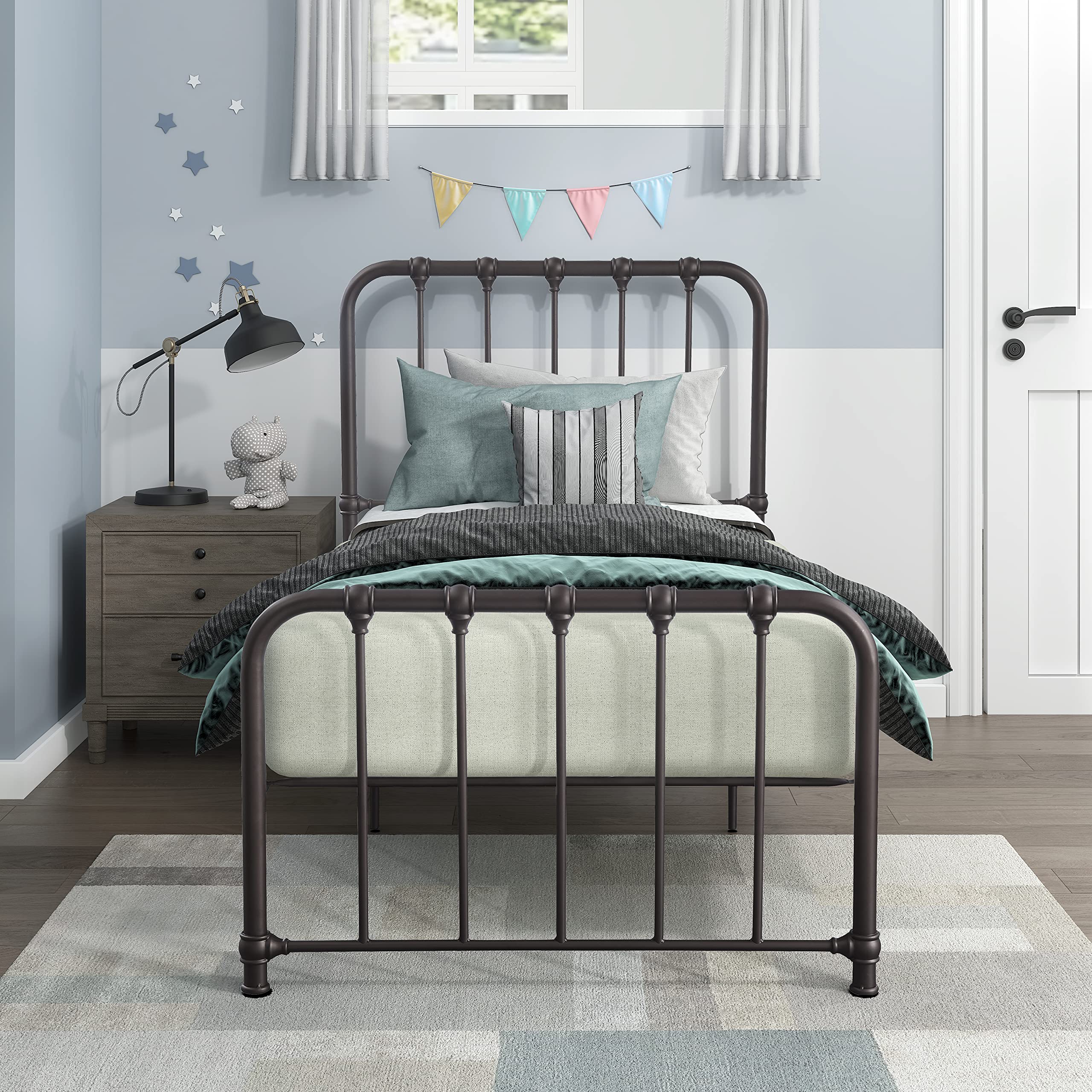 Lexicon Twin Metal Bed Frame with Headboard - Sturdy Metal Platform Bed with Slat Support, Under Bed Storage Space, No Box Spring Needed - Easy Assembly, Dark Bronze - Perfect for Kids Rooms, Guest Bedrooms & Small Spaces