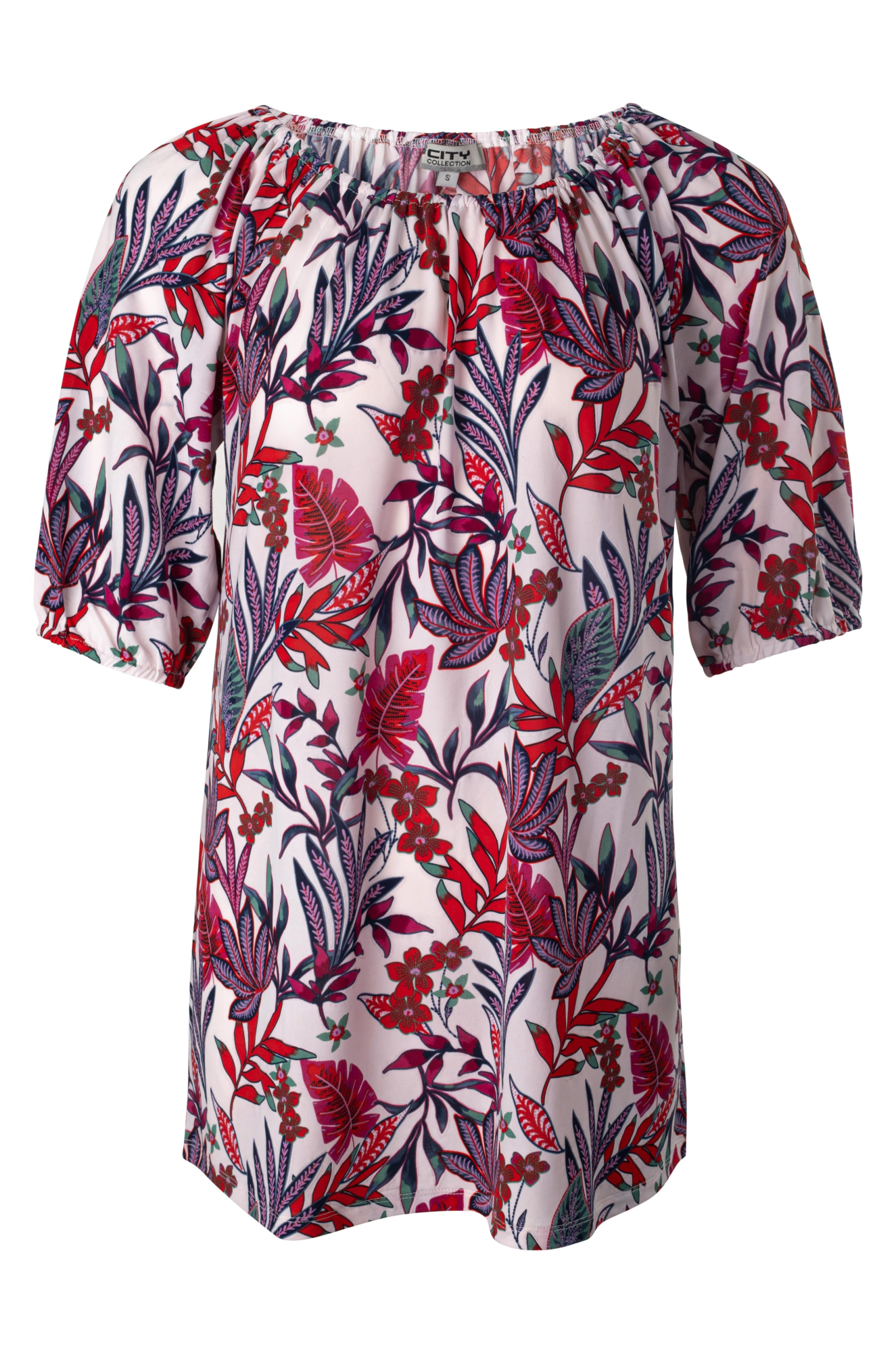 Printed Slinky Tunic Dress - Red White Palm Leaf Print | Women's Flowy Summer Tunic Top for Beach, Vacation & Casual Wear | Style 7413A1