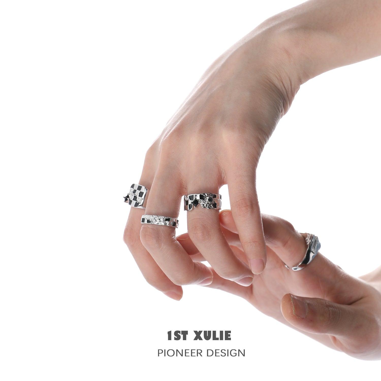 Checkerboard Sterling Silver Adjustable Opening Ring for Women - Elegant Stackable Jewelry for Everyday Wear, Gifts & Special Occasions
