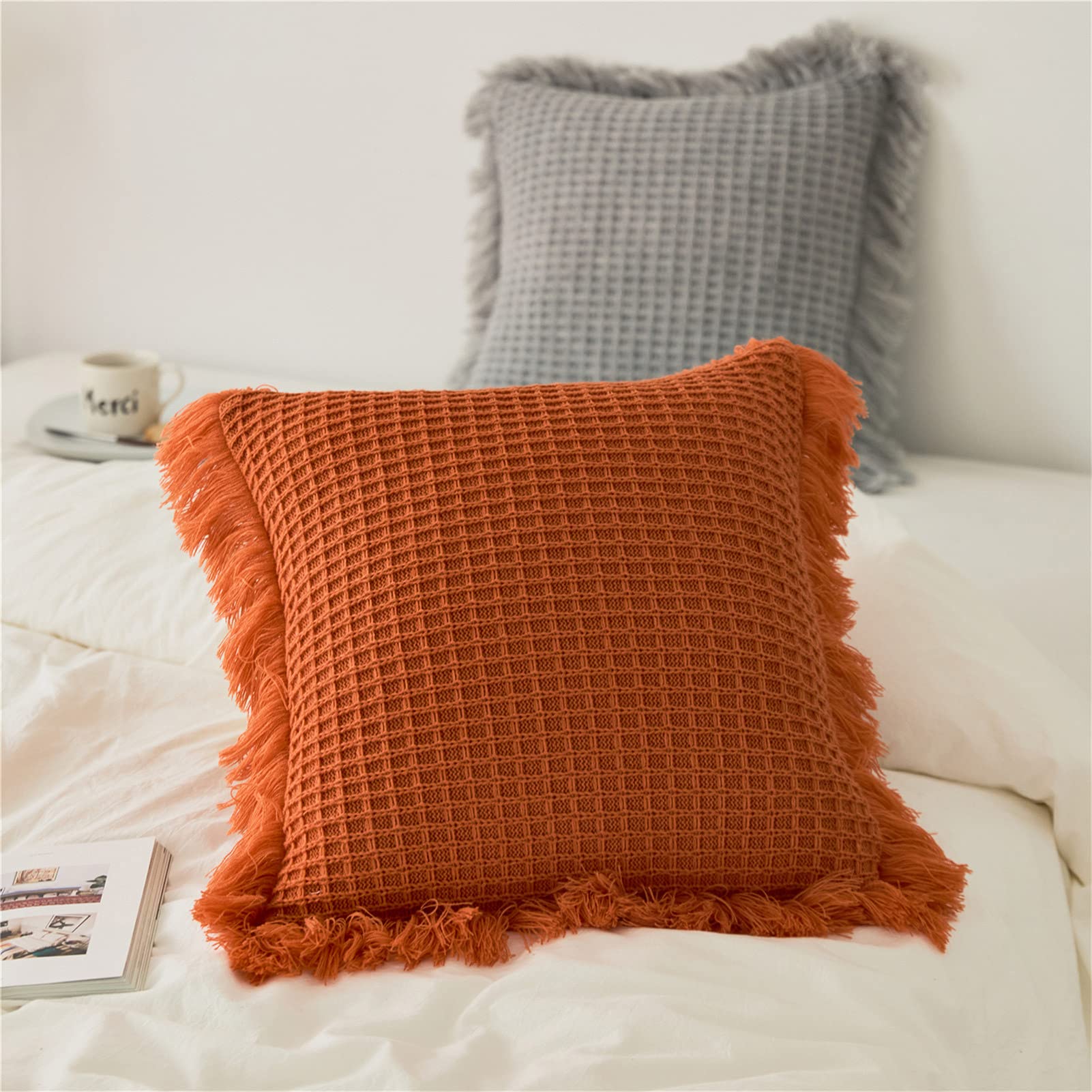 Decorative Knitted Pillow Sham with Tassels - Checkered Cushion Cover in Soft Warm Knit Pattern (Orange) - Perfect for Sofa, Bedroom Decor & Cozy Home Accessories