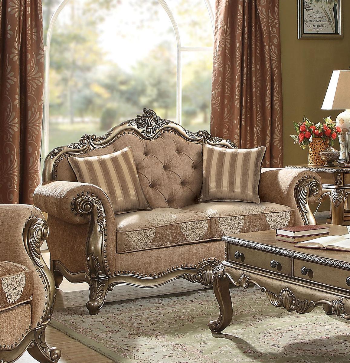 Acme Ragenardus Loveseat with 2 Pillows - Fabric Upholstery & Vintage Oak Frame 56031 - Perfect for Living Rooms, Bedrooms and Cozy Spaces