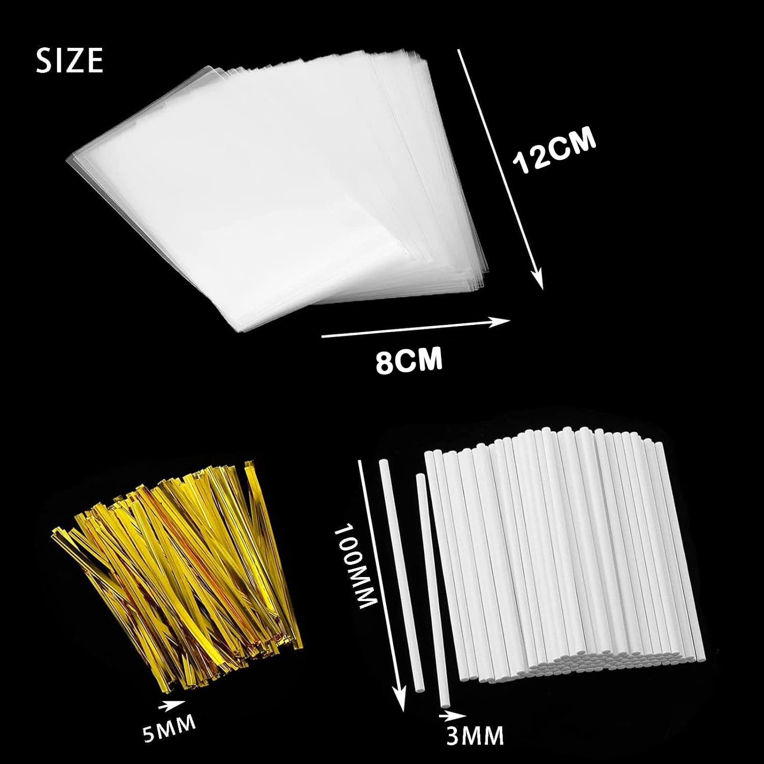 300-Piece Cake Pop Making Kit - 100 Lollipop Sticks, 100 Cake Pop Bags, 100 Twist Ties - Essential Baking Tools for Homemade Cake Pops, Candy Apples & Chocolate Treats - Perfect for Birthday Parties, Baby Showers & Holiday Gift Packaging