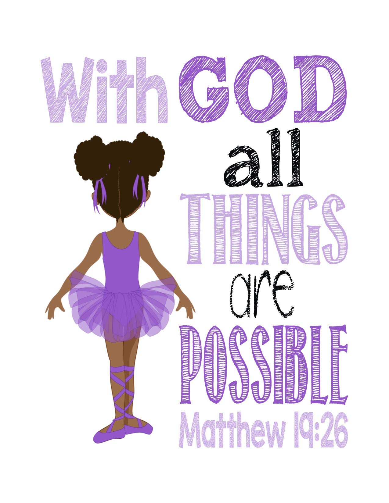 African American Ballerina Christian Nursery Print - Matthew 19:26 for Baby Room Decor