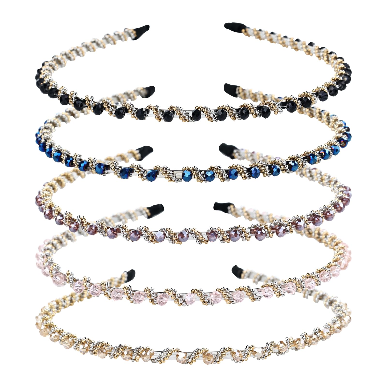 Sparkly Crystal Rhinestone Metal Thin Headbands for Women - 5 Pack Wedding, Party, Prom Hair Accessories - Elegant Hair Hoops for Girls & Teens - Perfect for Bridal, Birthday & Special Occasions