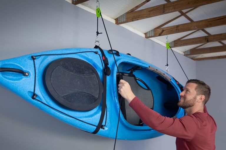 Tie Boss Kayak Hanger - Heavy Duty Ceiling Storage System for Kayaks, Canoes & Watercraft | Space-Saving Garage Organization | Easy Hoist Pulley System (Green) | Perfect for Garage, Shed or Basement Storage