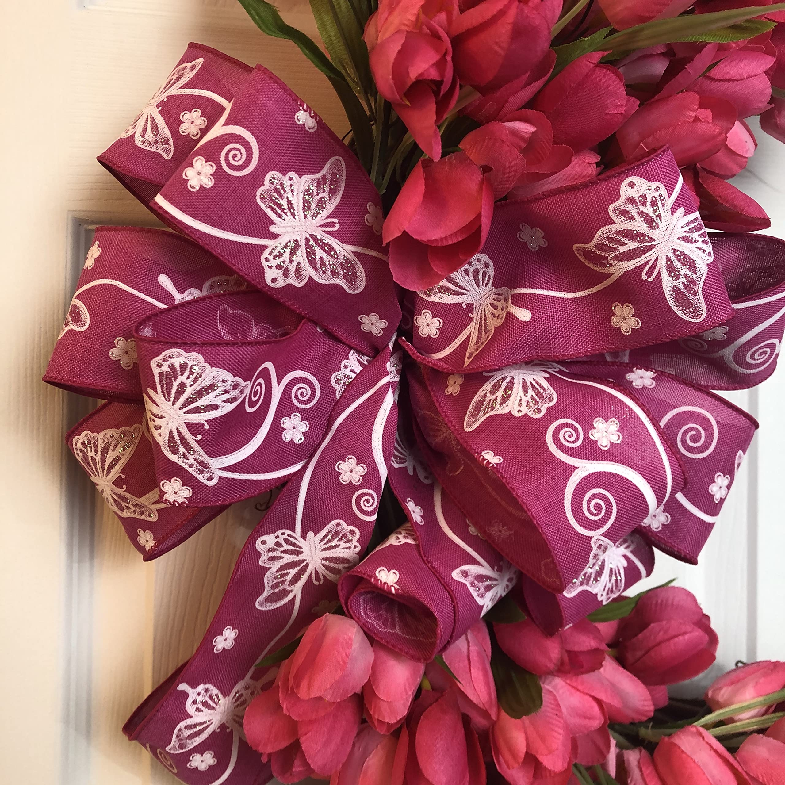 Pink Tulip Wreath with Butterfly Bow - Floral Spring Summer Door Decor for Home, Wedding, Party & Garden Decoration