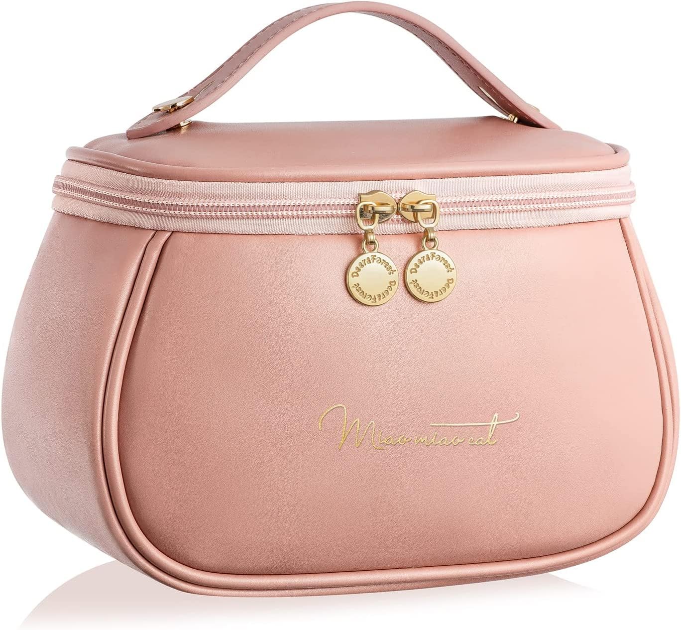 Jukkre Large Capacity Cosmetic Travel Bag for Women - Leather Makeup Organizer with Handle & Divider, Wide Opening Portable Toiletry Bag (Pink) - Perfect for Travel, Gym & Daily Makeup Storage