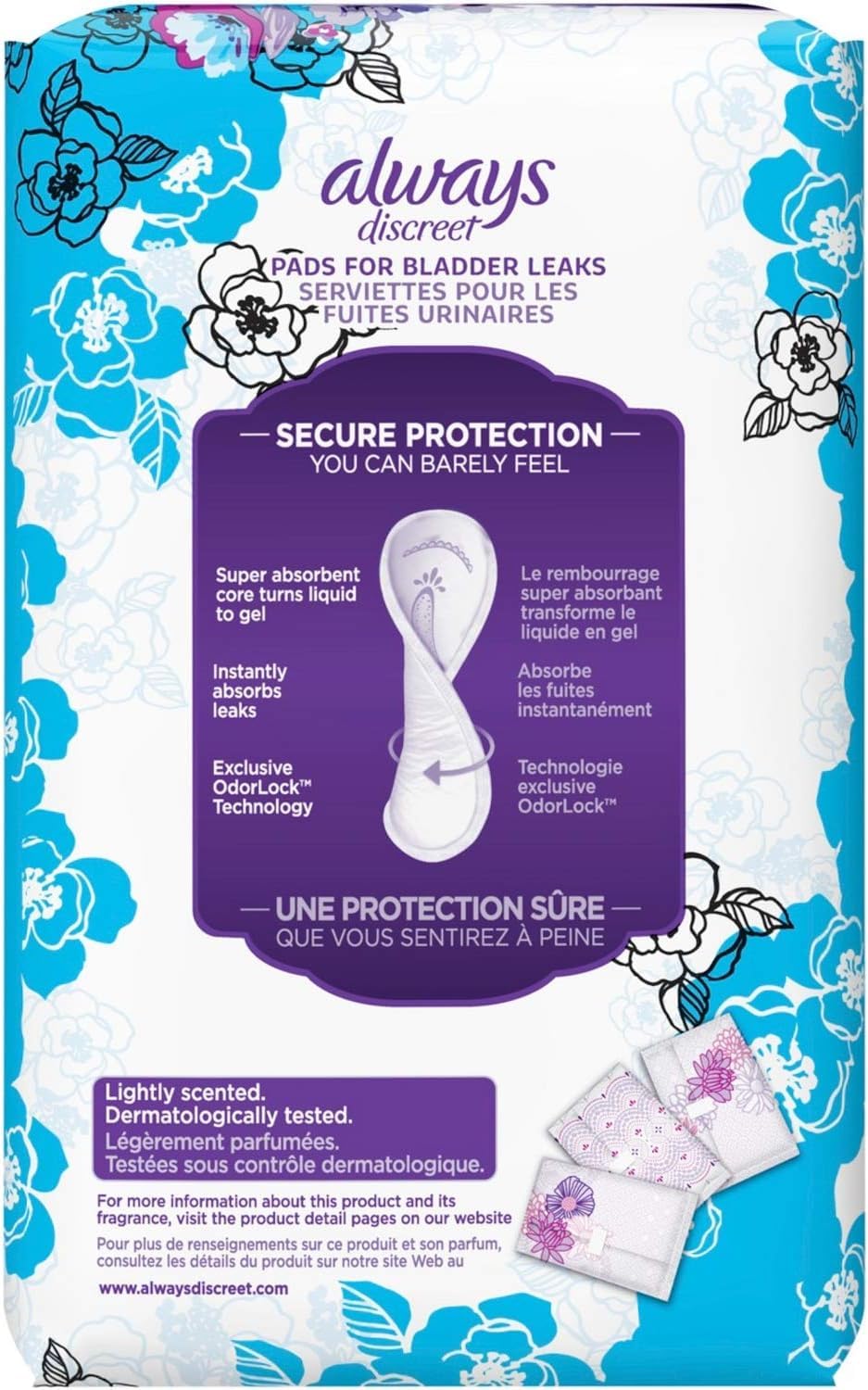 Always Discreet Incontinence Pads for Women - Light Absorbency (3 Drops), 30 Count per Pack (4 Packs) - Bladder Leak Protection for Daily Use, Exercise & Travel