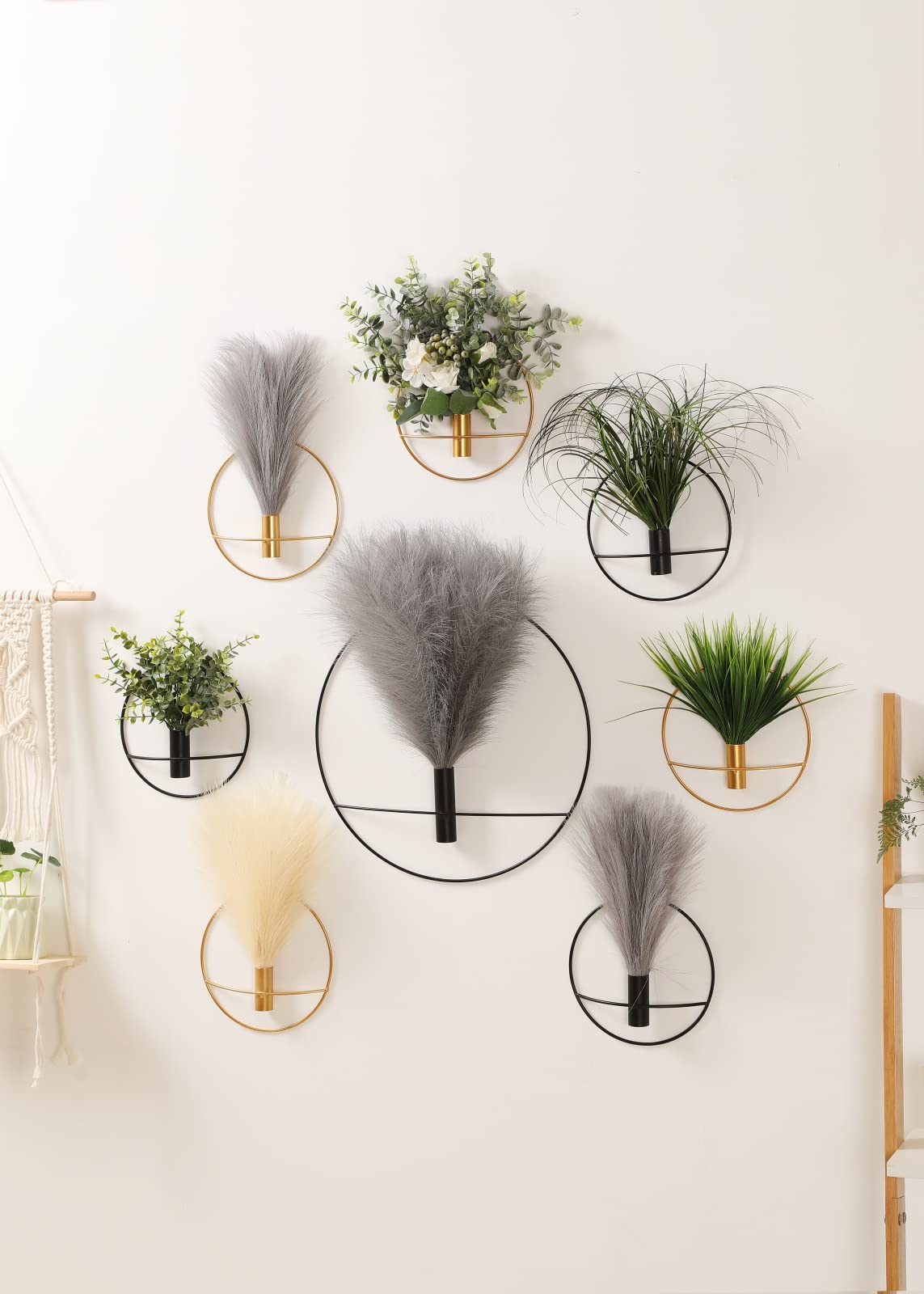 Boho Wall Decor Set of 2 - Gold Metal Wall Art with Hanging Artificial Pampas for Living Room, Bedroom, Bathroom & Dining Room - Elegant Home Decor for Boho Chic & Farmhouse Style Interiors