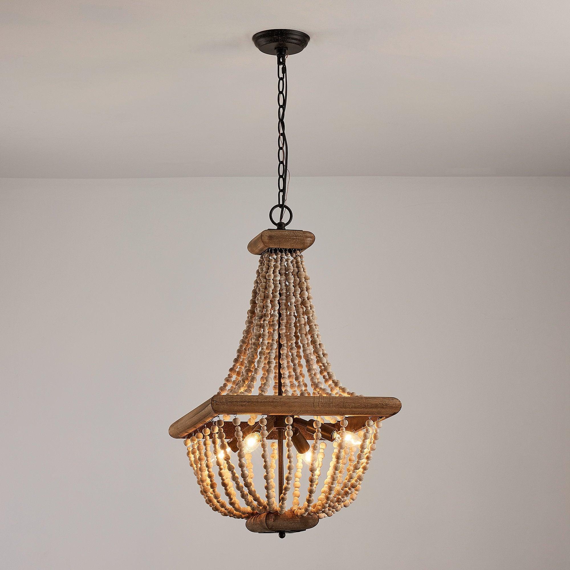 Regas 4-Light Wood Bead Candle Style Chandelier - Rustic Farmhouse Ceiling Light Fixture for Dining Room, Bedroom, or Living Room Decor