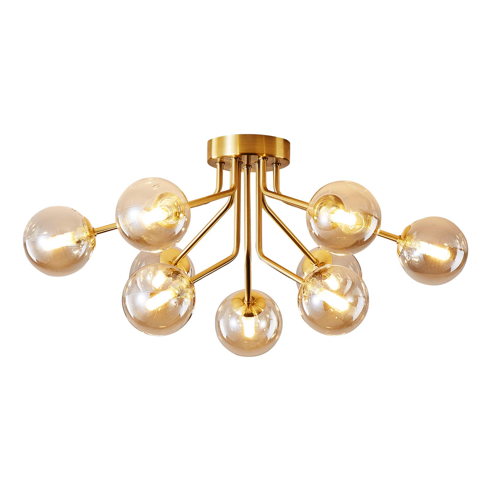 Vintage Mid-Century Modern Gold Sputnik Chandelier - 9-Light Semi-Flush Mount Ceiling Fixture with Glass Globe Shades - Elegant Lighting for Bedroom, Kitchen, Dining Room & Office - Perfect for Retro Home Decor & Mid-Century Interior Design