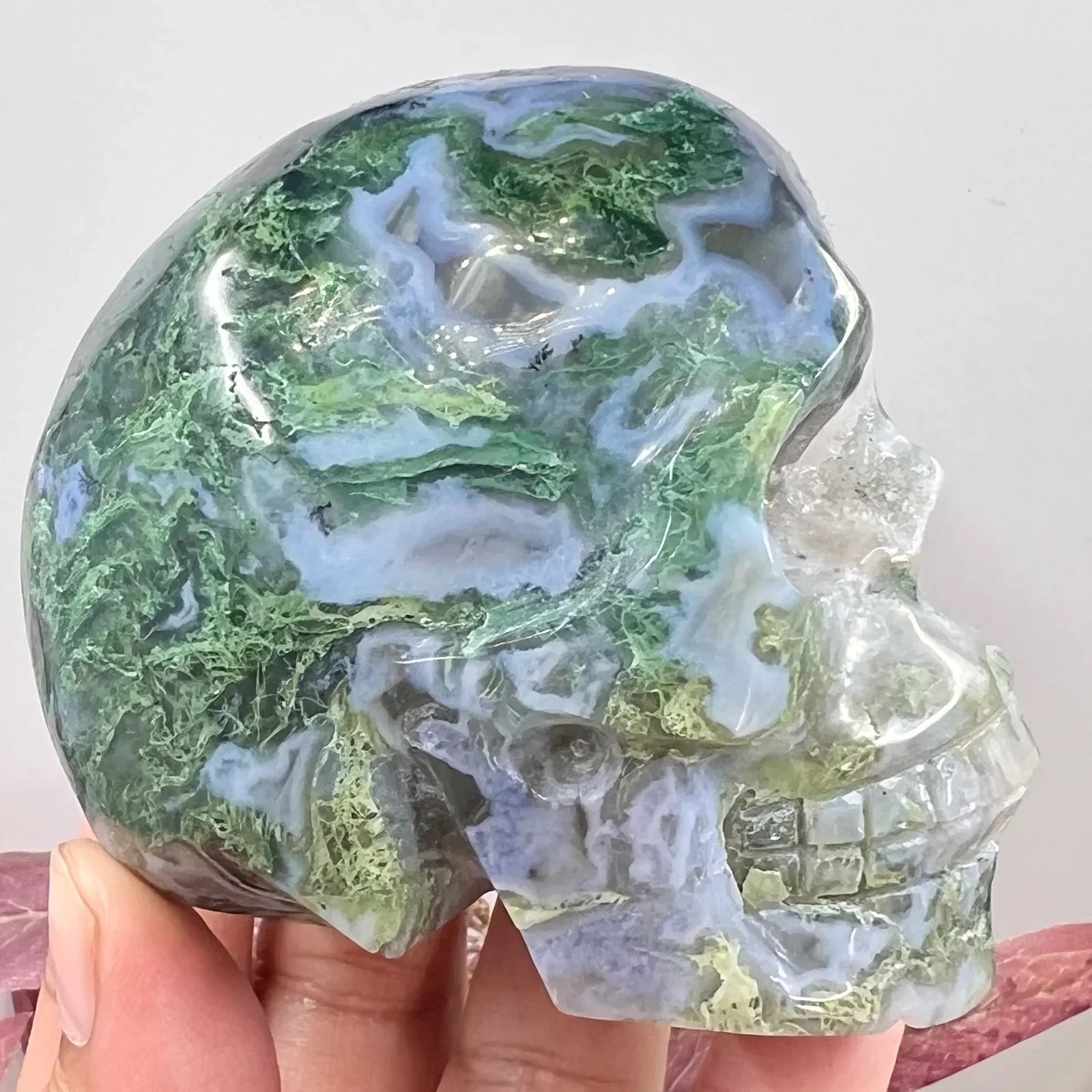 Natural Green Moss Agate Carved Skull Druzy Crystal Geode - Healing Stone for Meditation, Witchcraft & Home Decor - Unique Spiritual Decor for Altars, Gifts & Gothic Interior Design