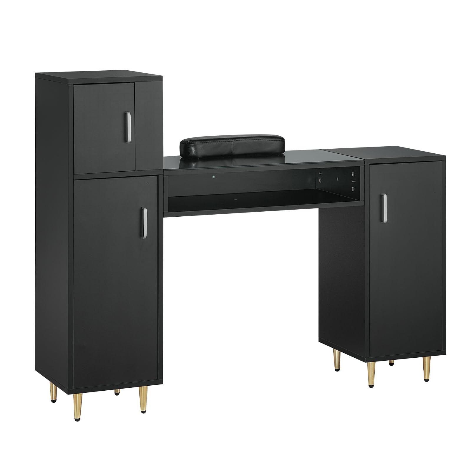VEVOR Professional Manicure Table with Glass Top & Storage Cabinets - Acetone-Resistant Nail Tech Desk for Salon & Spa - Beauty Workstation with Wrist Rest & 8 Metal Legs (Black) - Perfect for Nail Artists, Makeup Application & Salon Professionals
