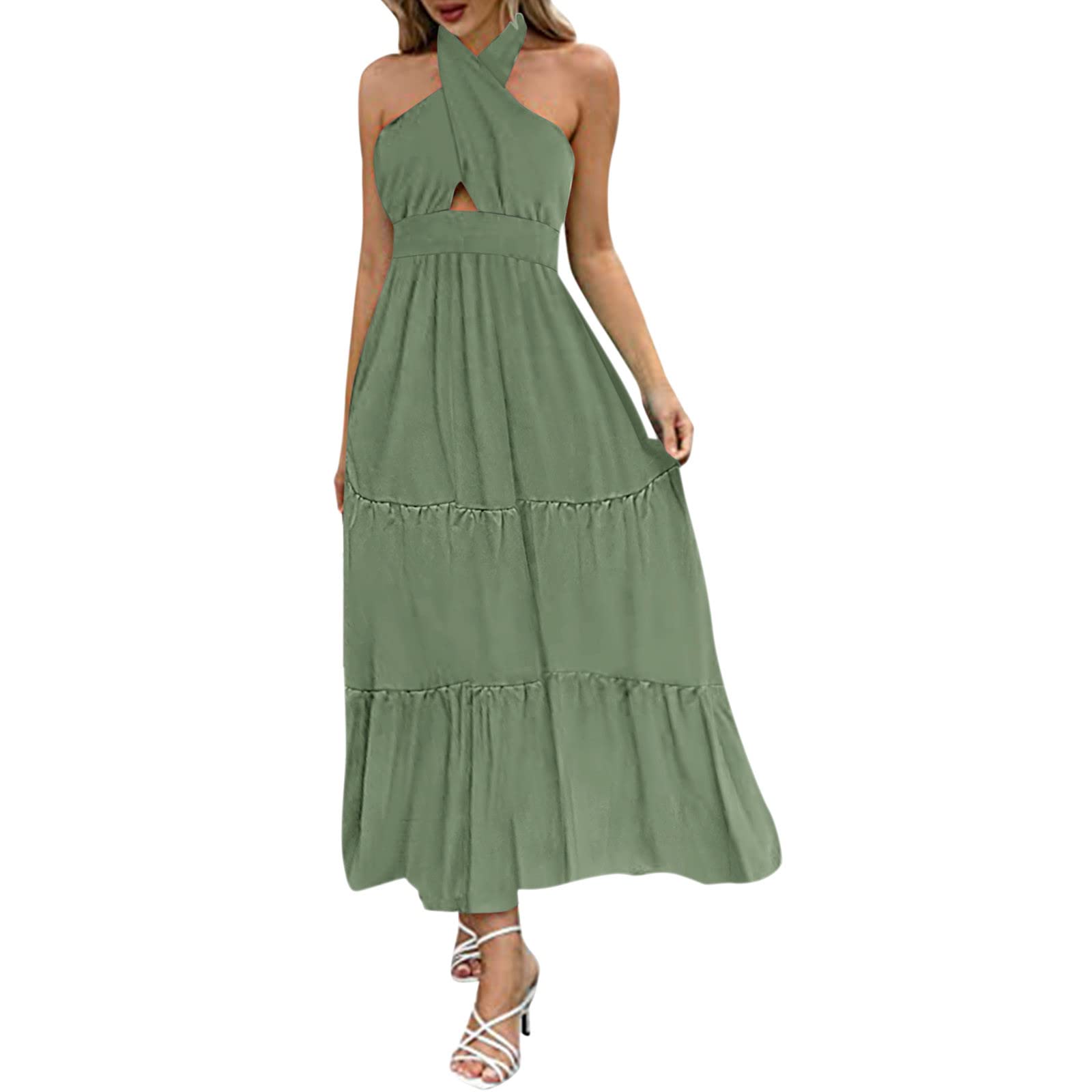 Twoker Women's Floral Halter Neck Sleeveless Backless Maxi Dress - Summer Beach Party, Vacation, Date Night & Casual Wear A-Line Wrap Dress