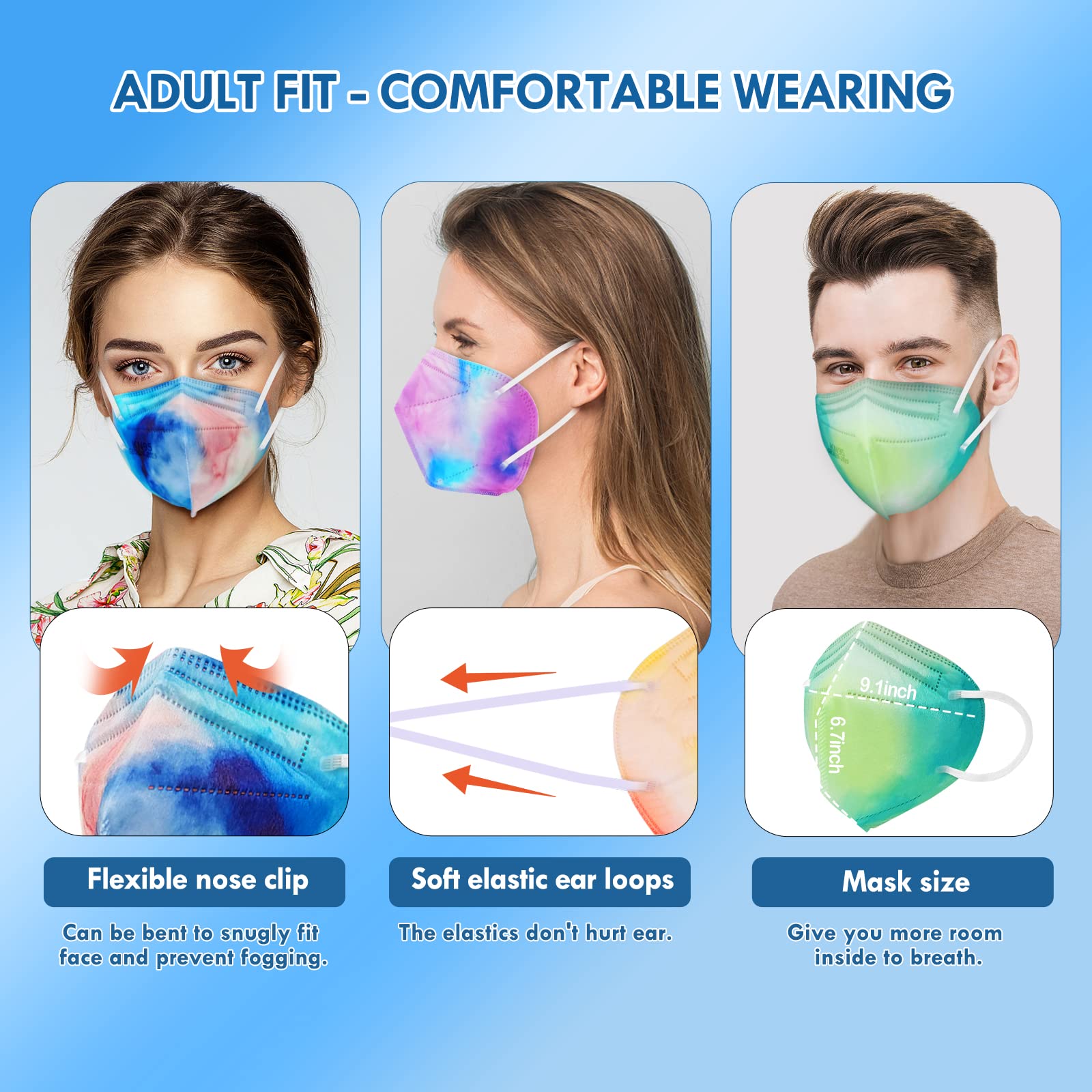 KN95 Face Masks for Women & Men - 30 Pack Individually Wrapped Tie-Dye Design, 5-Ply Breathable Comfortable Protective Masks for Daily Use, Work & Travel